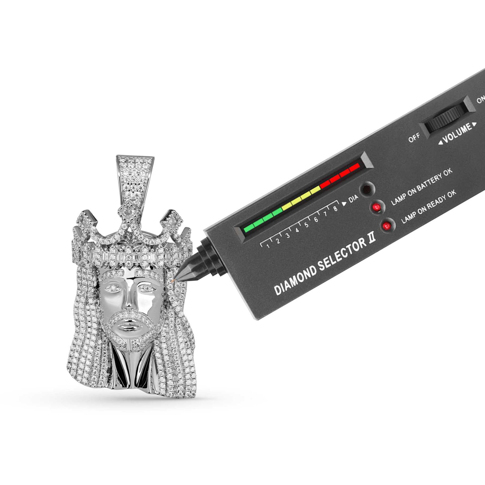 Moissanite Iced King Crown Jesus Head Piece Pendant with diamond tester, 925 sterling silver, VVS1 D-grade moissanite stones.