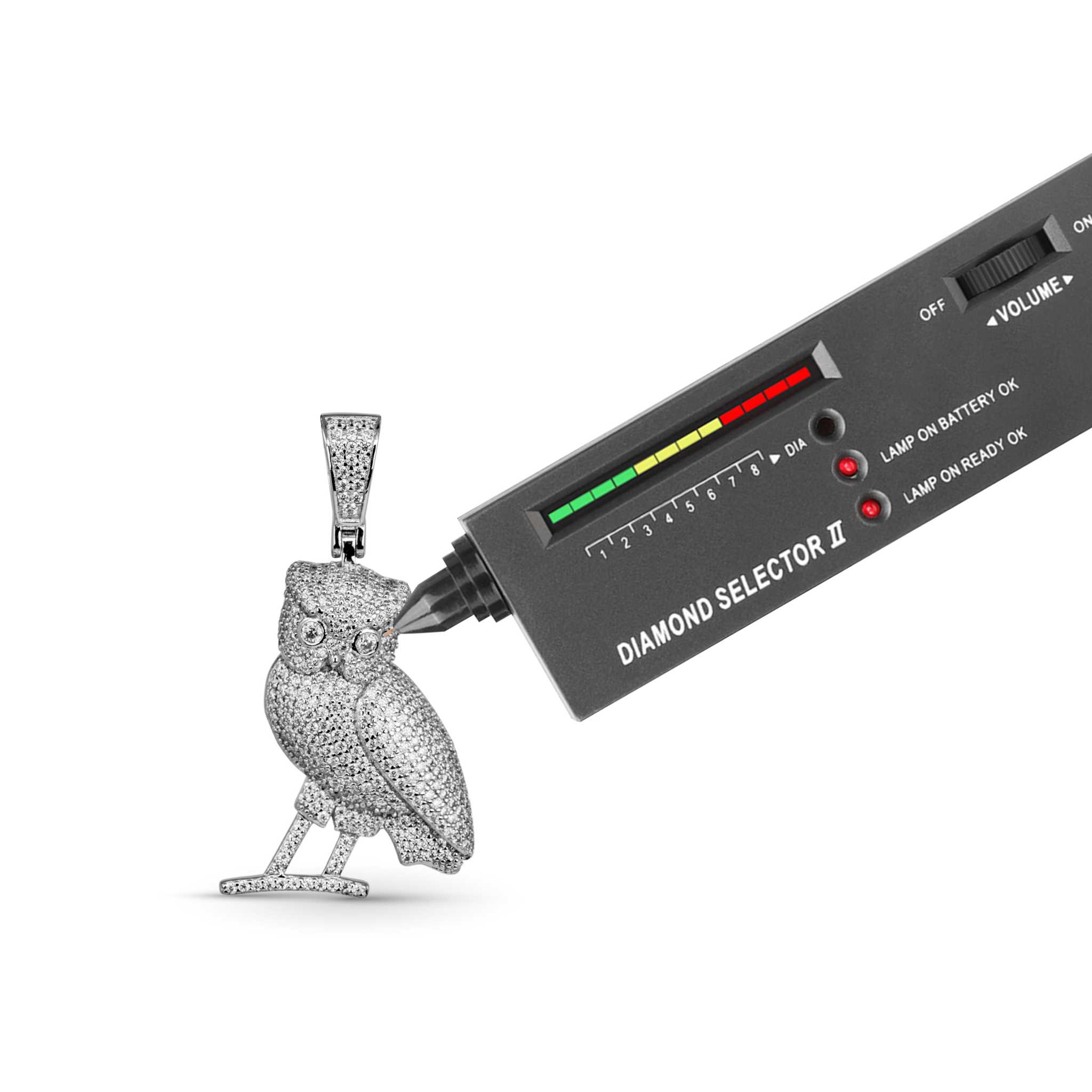 2ct Moissanite Owl Pendant in 925 Sterling Silver with diamond tester.