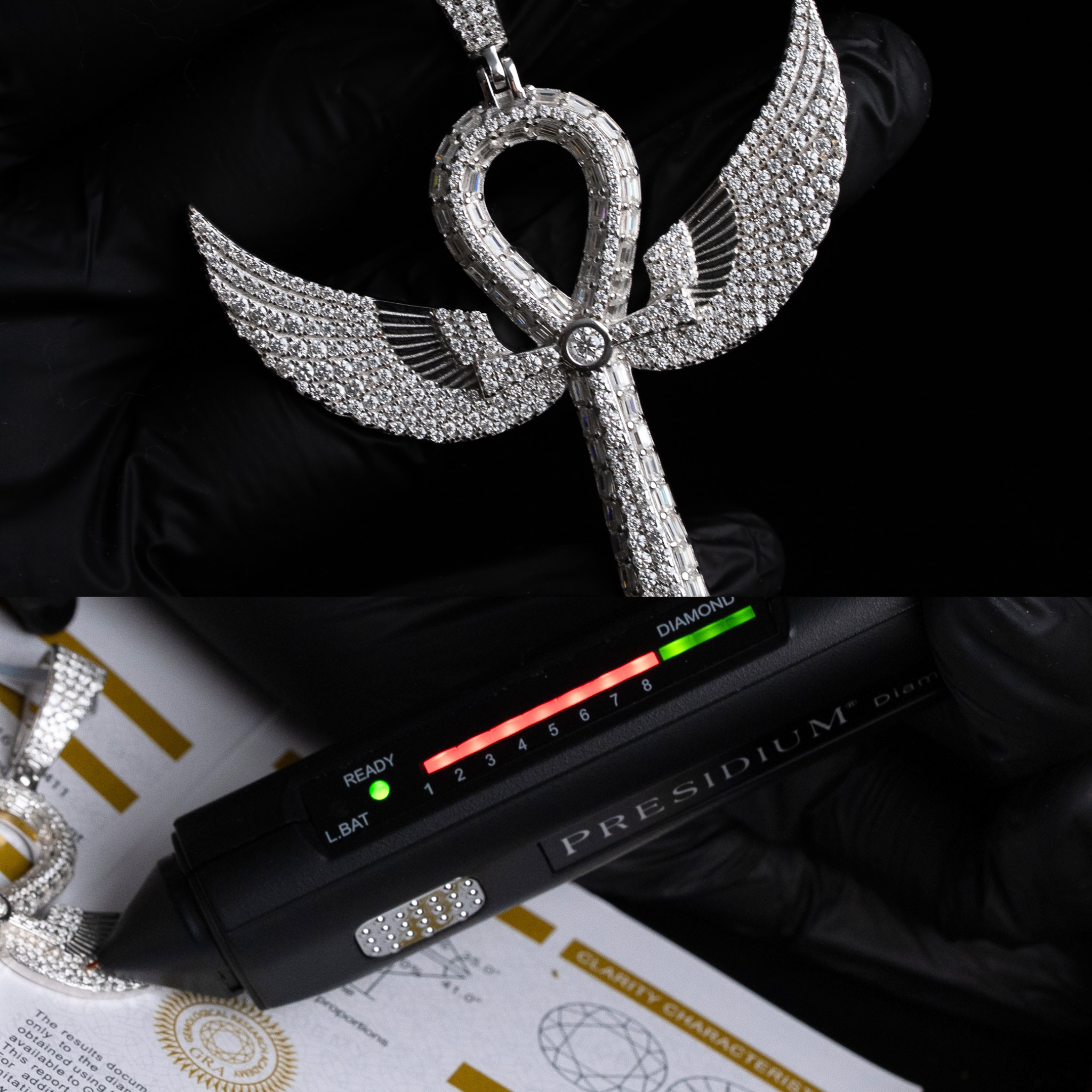 Moissanite Large 3" Ankh Cross w/ Angel Wings 925 Sterling Silver