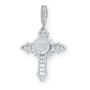 Moissanite baguette iced cross pendant in 925 sterling silver with rhodium plating and mixed cut stones