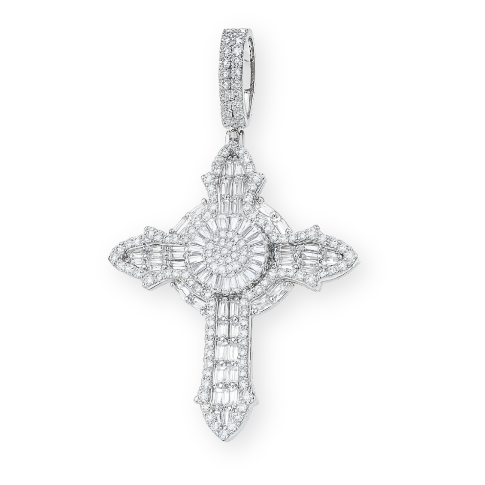 Moissanite baguette iced cross pendant in 925 sterling silver with rhodium plating and mixed cut stones