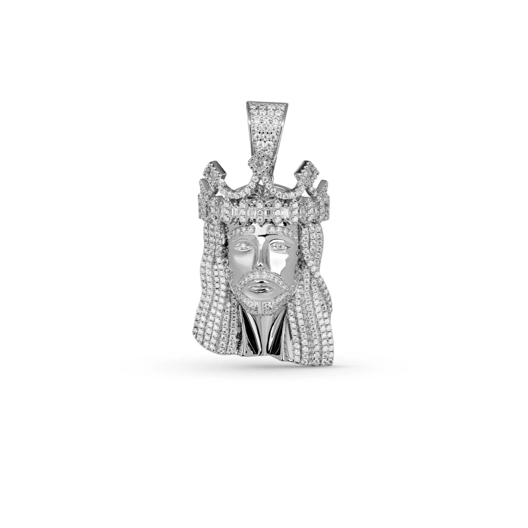 Moissanite iced king crown Jesus head pendant in 925 sterling silver with VVS1 D-grade stones