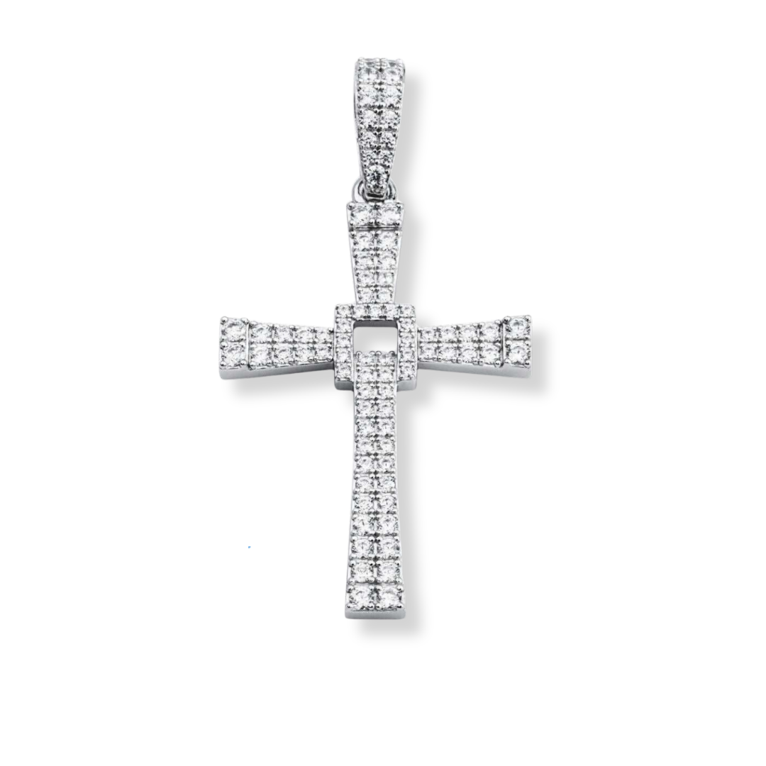 925 Sterling Silver cross pendant with rhodium plating and CZ diamonds by Morf Jewelry