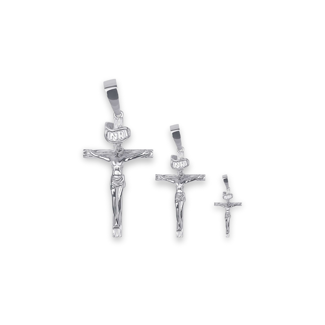 Solid 925 sterling silver Jesus crucifix pendant in small, medium, and large sizes with detailed design and heavy feel