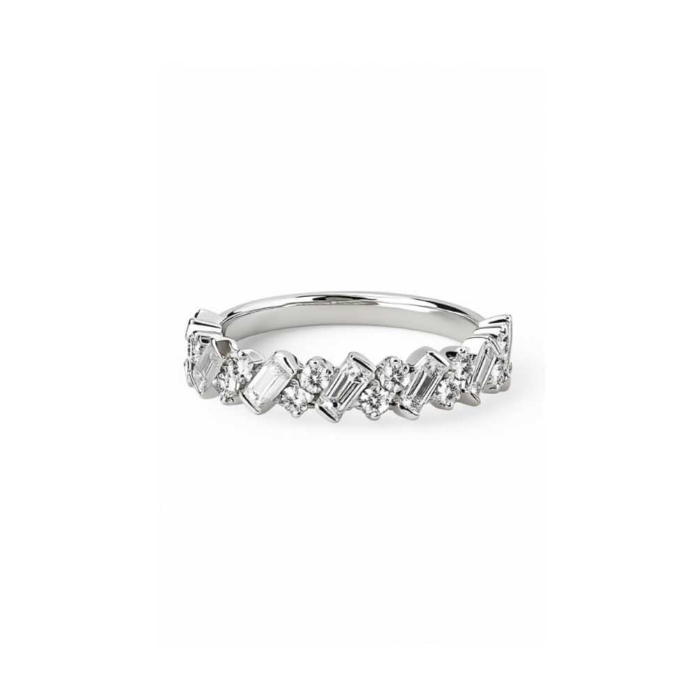 Moissanite ring for women with 1.1 carat baguette and round cut stones set in 925 sterling silver band
