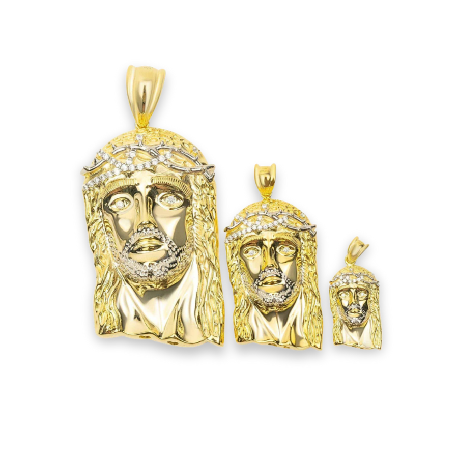 14K gold over 925 sterling silver Jesus piece pendants with 5A CZ stones in small, medium, and large sizes