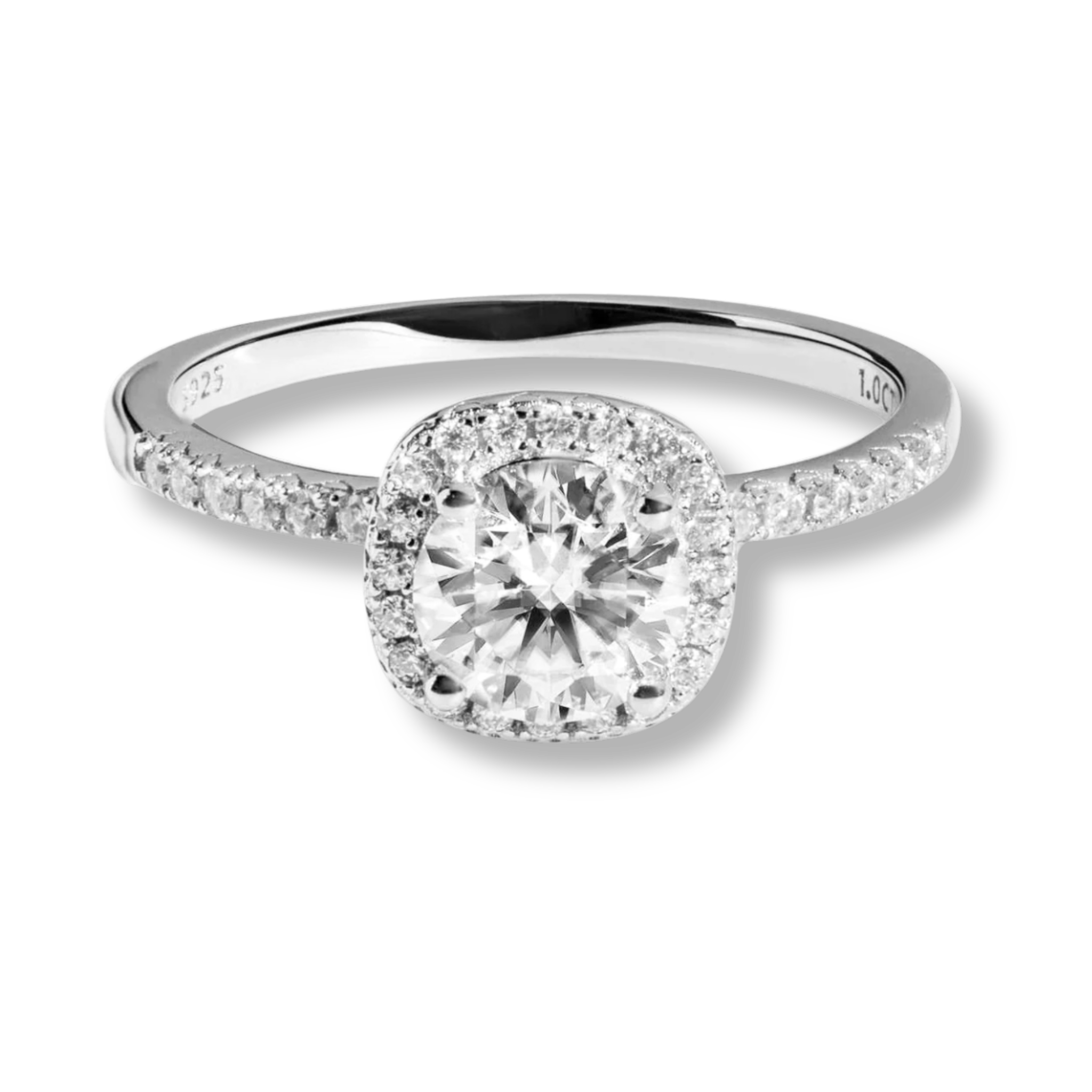Aurora Halo 1.2 TCW Moissanite engagement ring in 925 sterling silver with 1ct round cut white moissanite center stone and halo setting