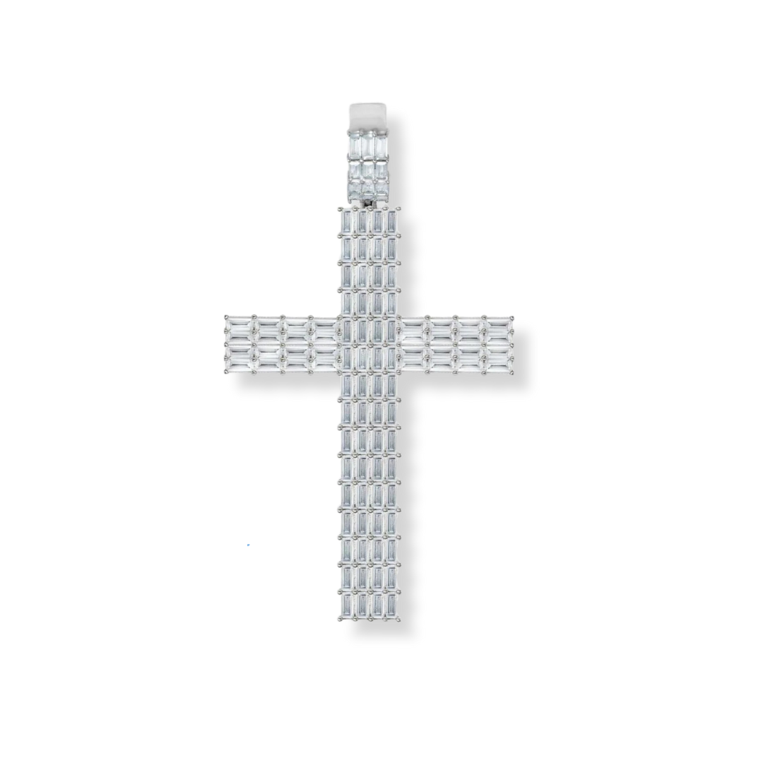 Baguette Silver Cross Pendant with clear CZ stones in solid 925 sterling silver, available in multiple sizes