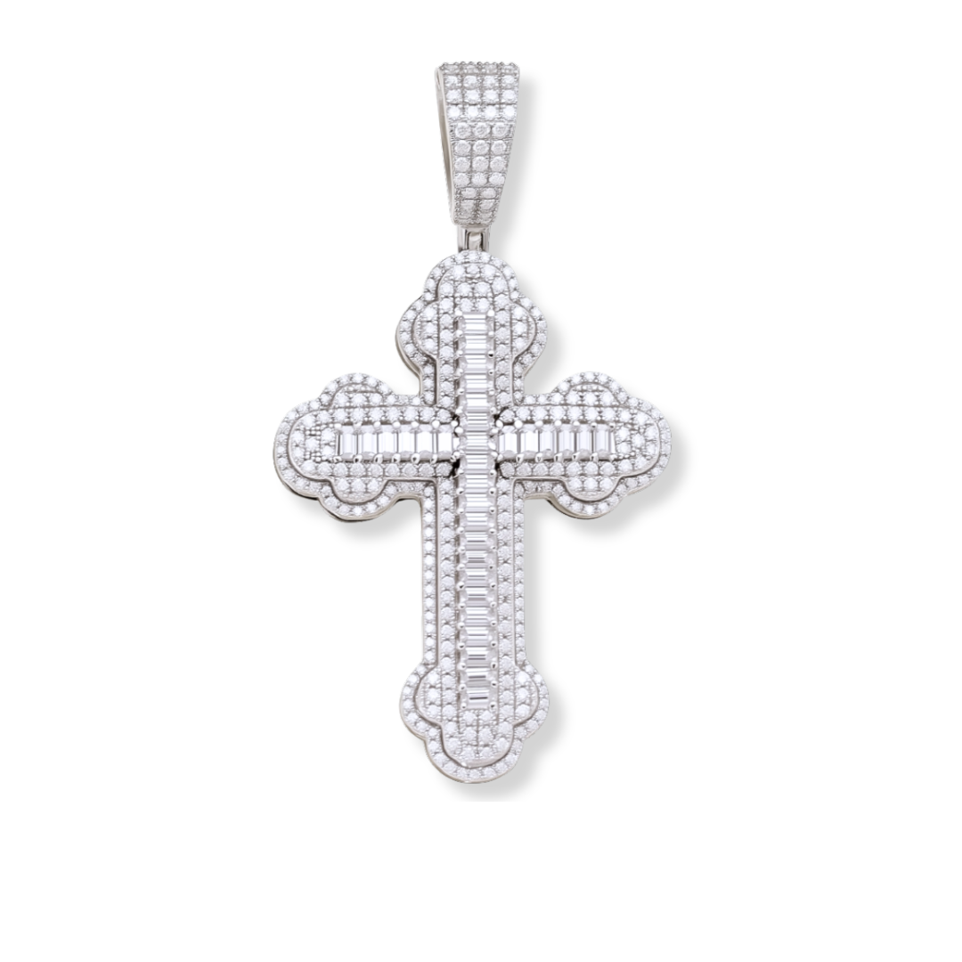Moissanite Orthodox Cross Pendant in 925 sterling silver with baguette and round stones, detailed iced design