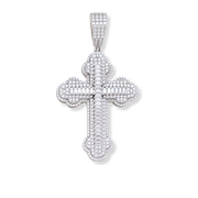 Moissanite Orthodox Cross Pendant in 925 sterling silver with baguette and round stones, detailed iced design