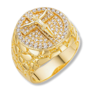 14K gold over sterling silver Jesus Crucifix Cross nugget ring with 0.95ct VVS1 Moissanite stones