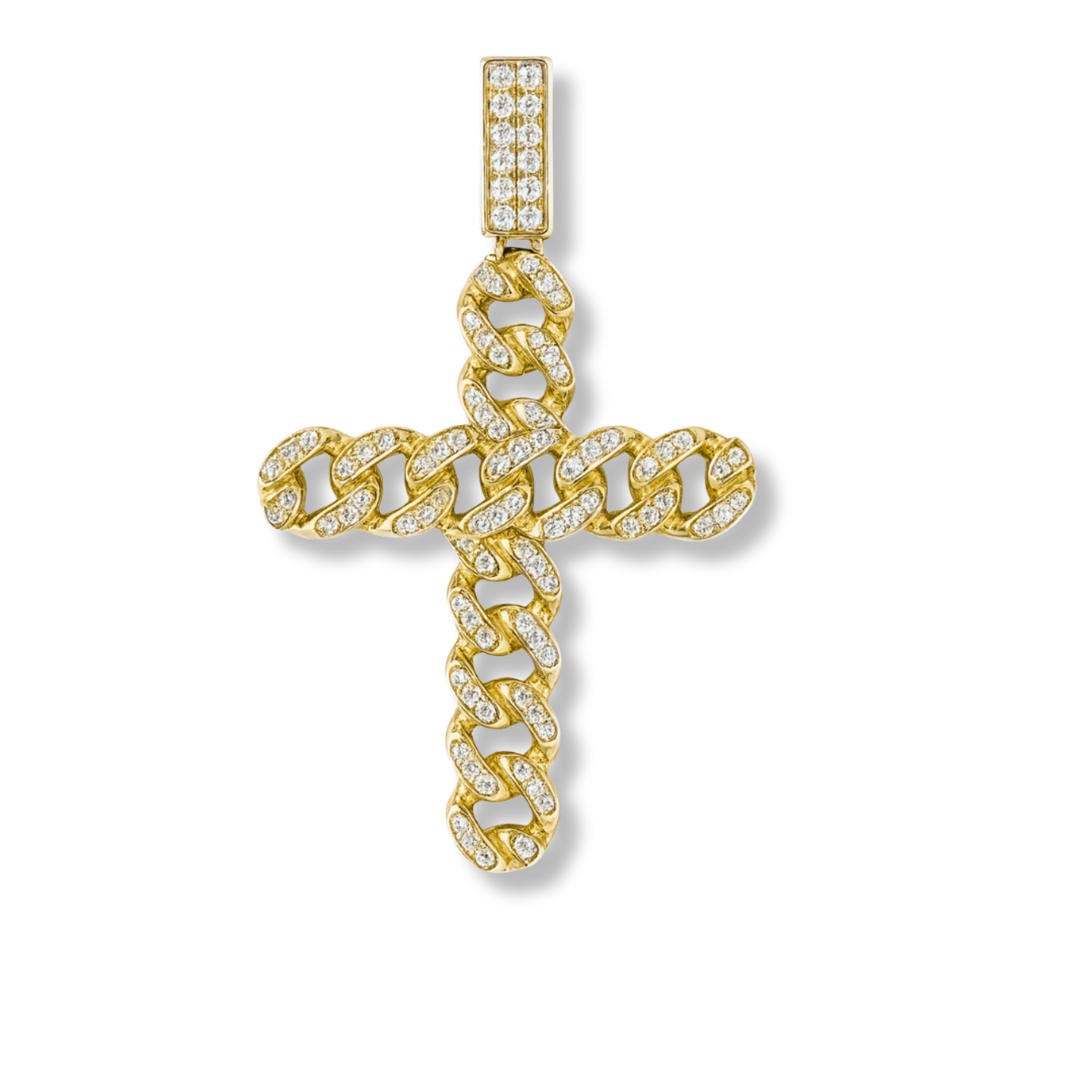 925 Sterling Silver / 14K Gold Plated Cuban Link Cross Pendant Necklace