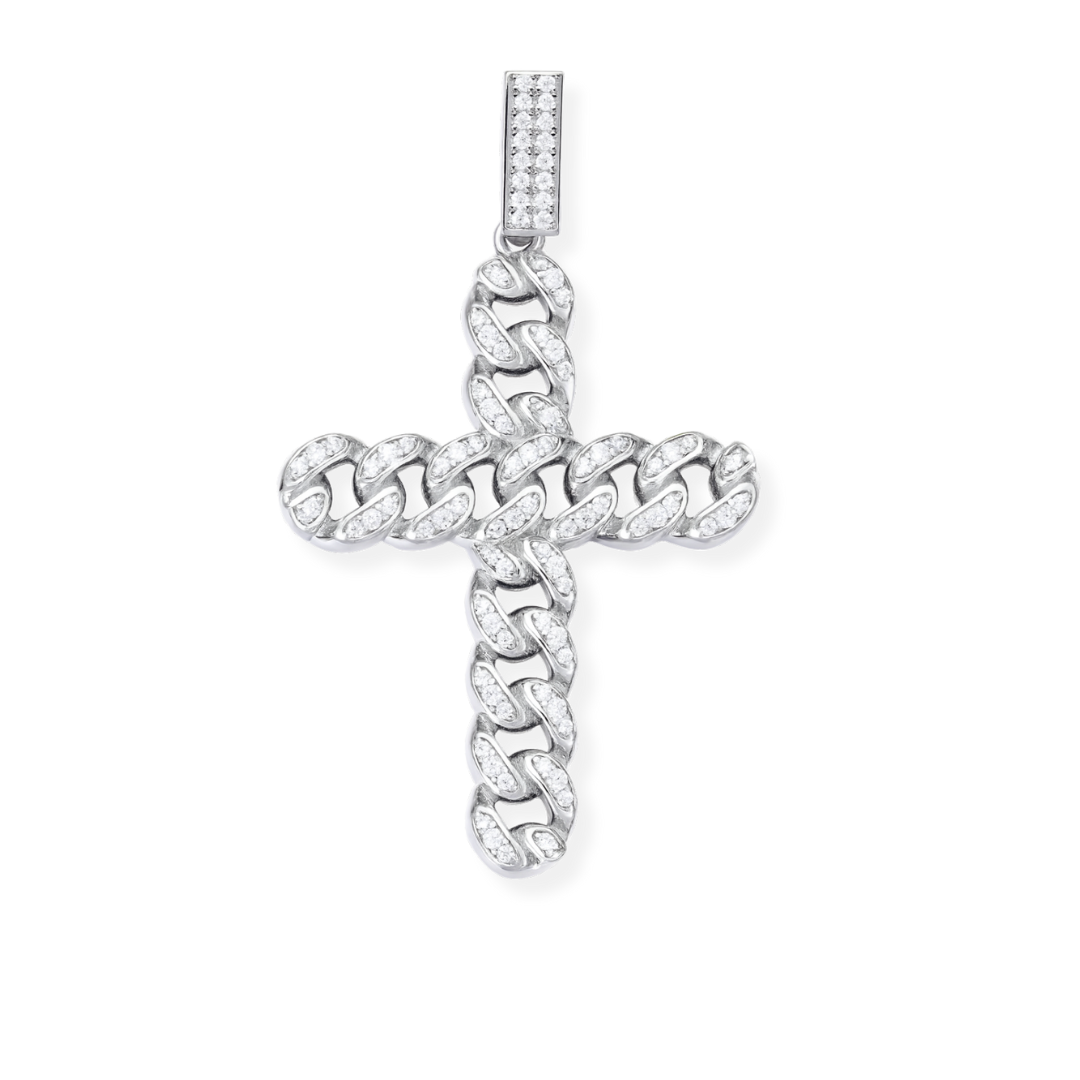925 Sterling Silver / 14K Gold Plated Cuban Link Cross Pendant Necklace