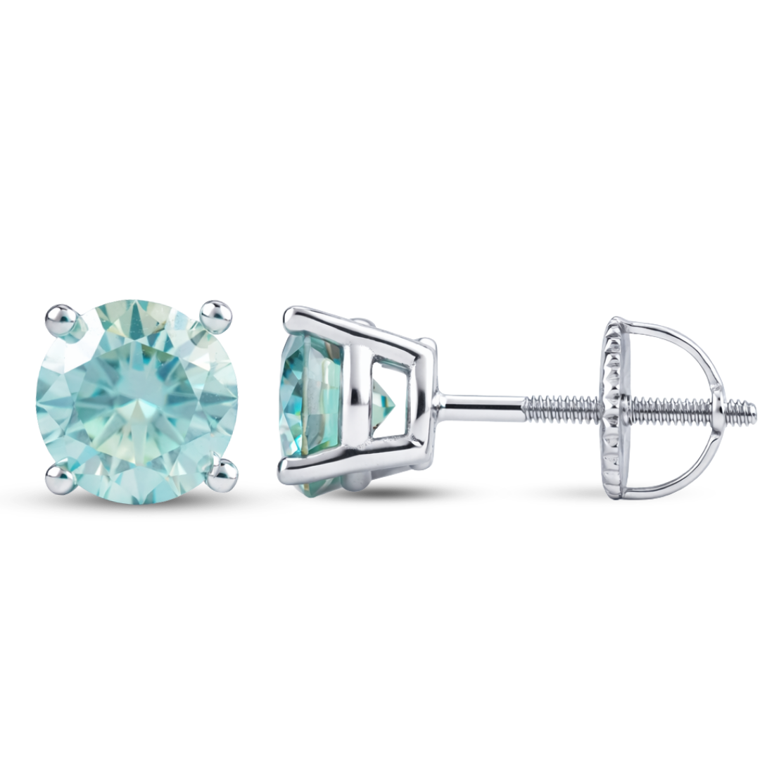 Moissanite Teal Green Stud Earrings in 925 Sterling Silver Screwback