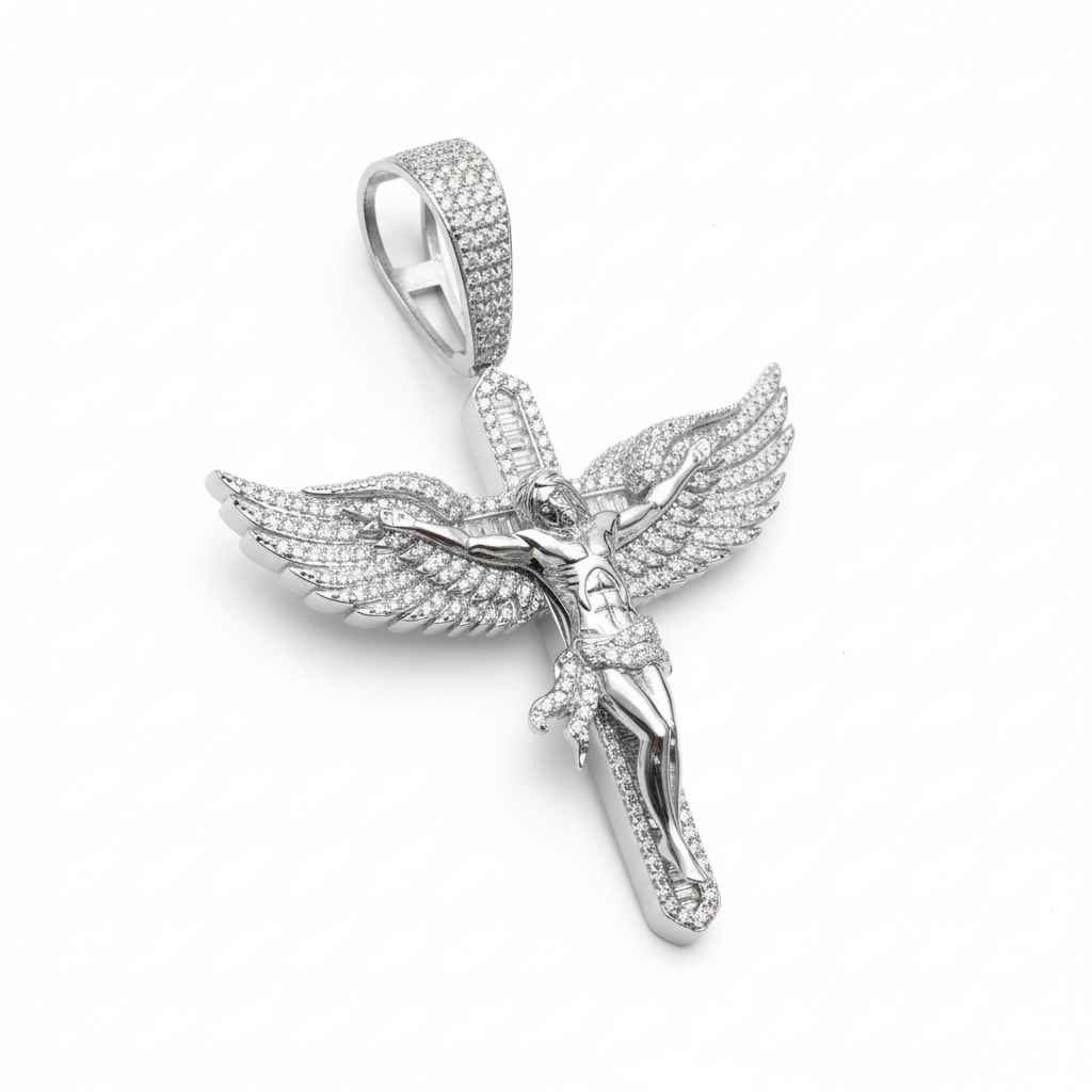Moissanite Jesus Crucifix Cross Angel Wings Pendant 925 Sterling Silver