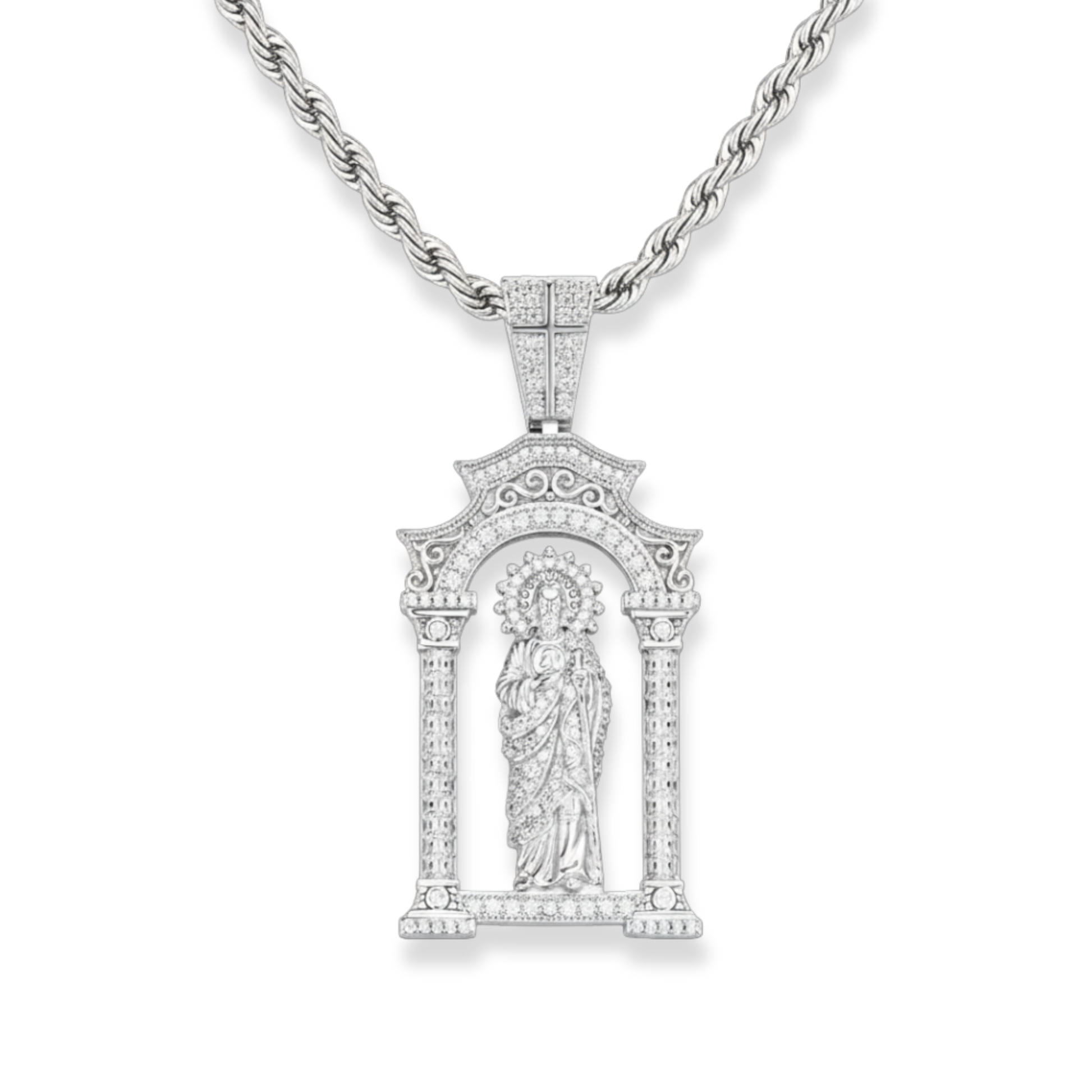 Rhodium plated Moissanite Saint Judas necklace pendant