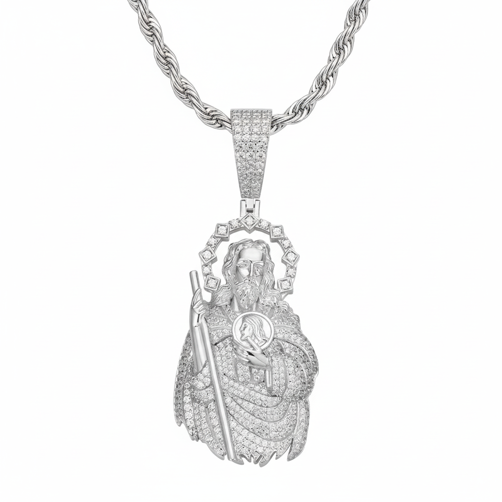 Moissanite Saint Judas Tadeo Pendant in 925 Sterling Silver