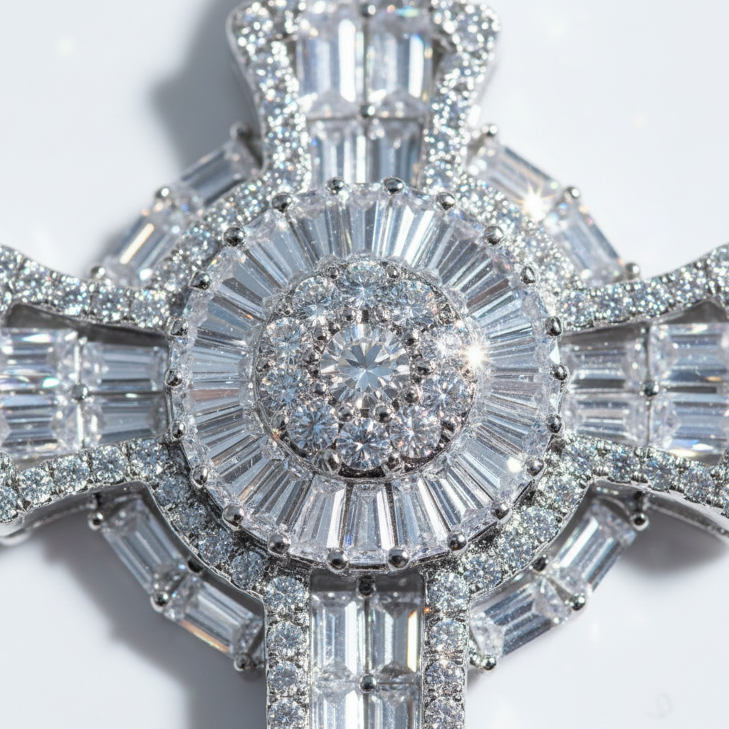 Moissanite Bagutte Cross Pendant in 925 Sterling Silver