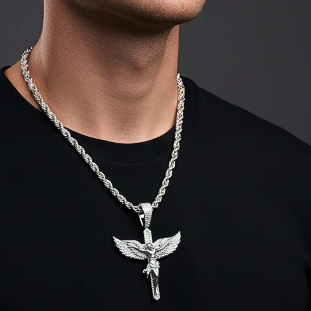 Moissanite Jesus Crucifix Cross Angel Wings Pendant 925 Sterling Silver