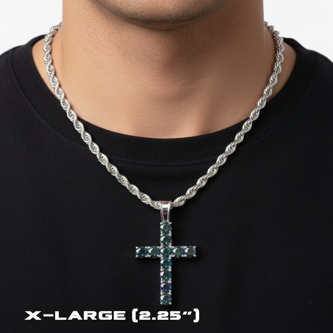 Moissanite Tennis Cross Pendant Mystic Green in 925 Sterling Silver