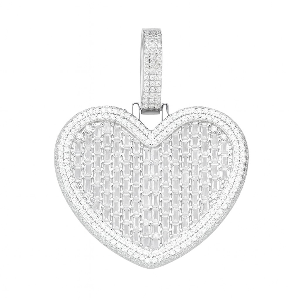 Moissanite Heart Pendant in 925 Sterling Silver with Baguette and Round Stones
