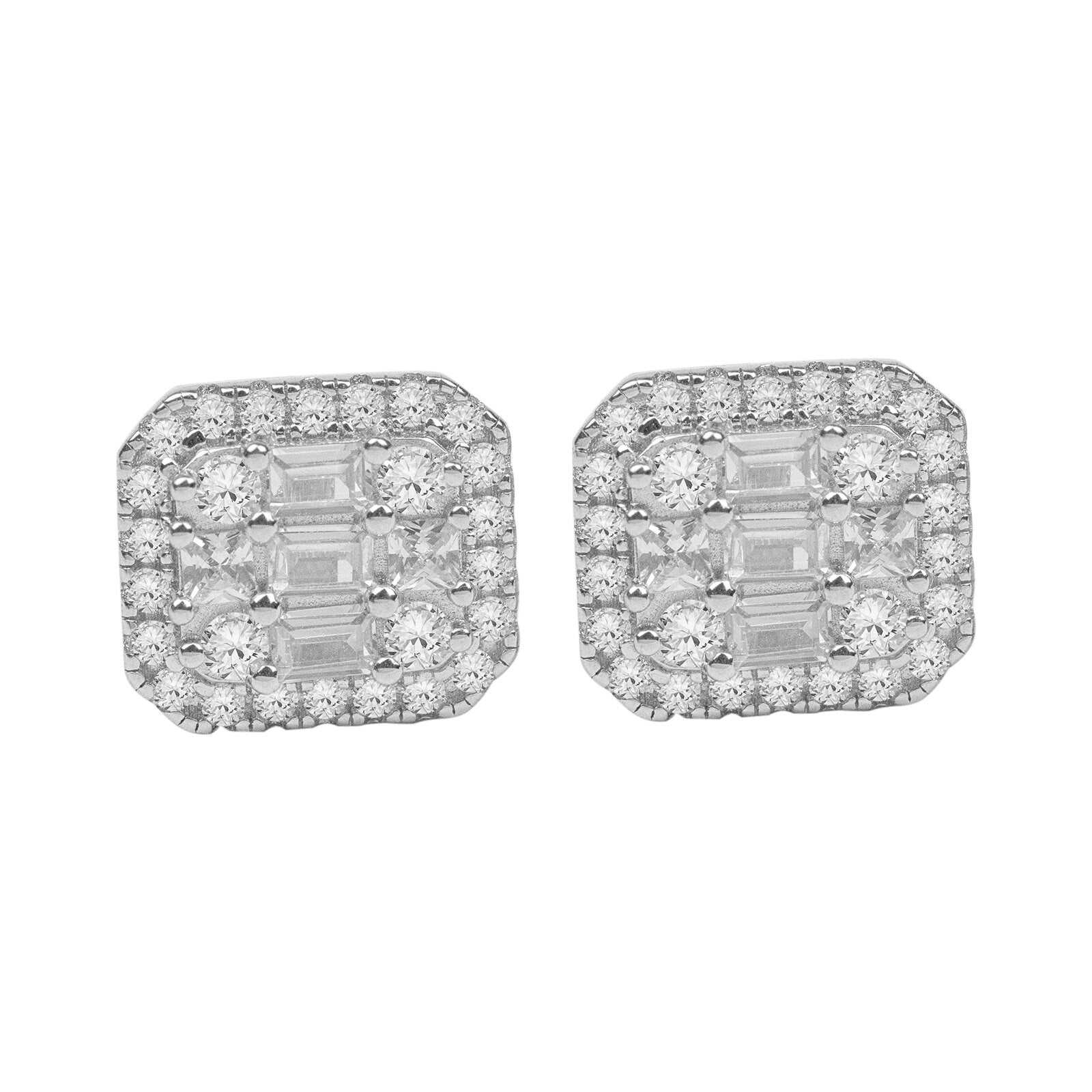 Baguette Stud Earrings with 2.5ct Clear CZ stones, sterling silver, screw back closure.