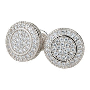Round stud earrings with 2.5ct clear CZ stones, 14K gold or rhodium plating, pave setting.
