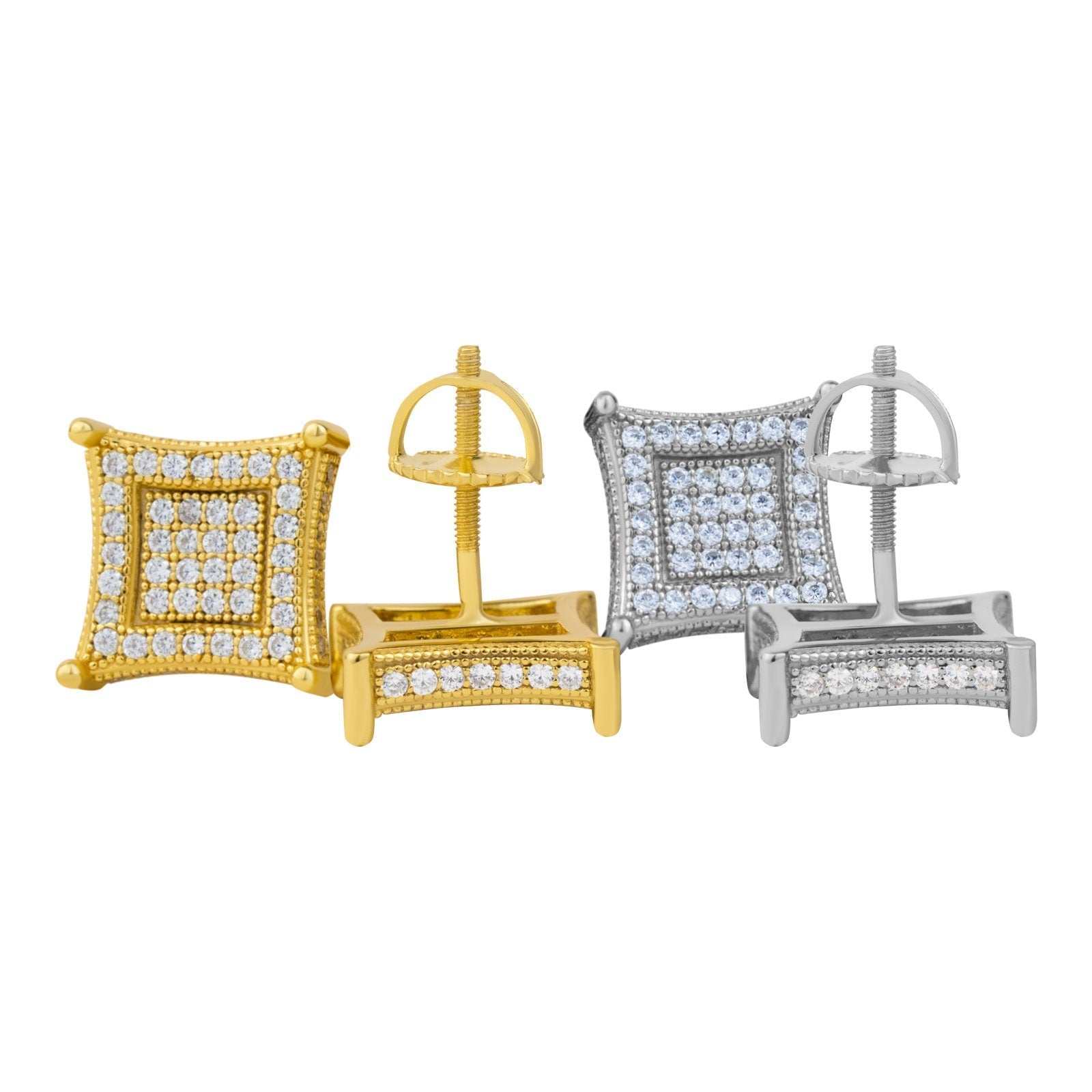 Kite Earrings in 925 Sterling Silver with Cubic Zirconia, available in 14K Yellow Gold or Rhodium plating, unisex screw-back studs.