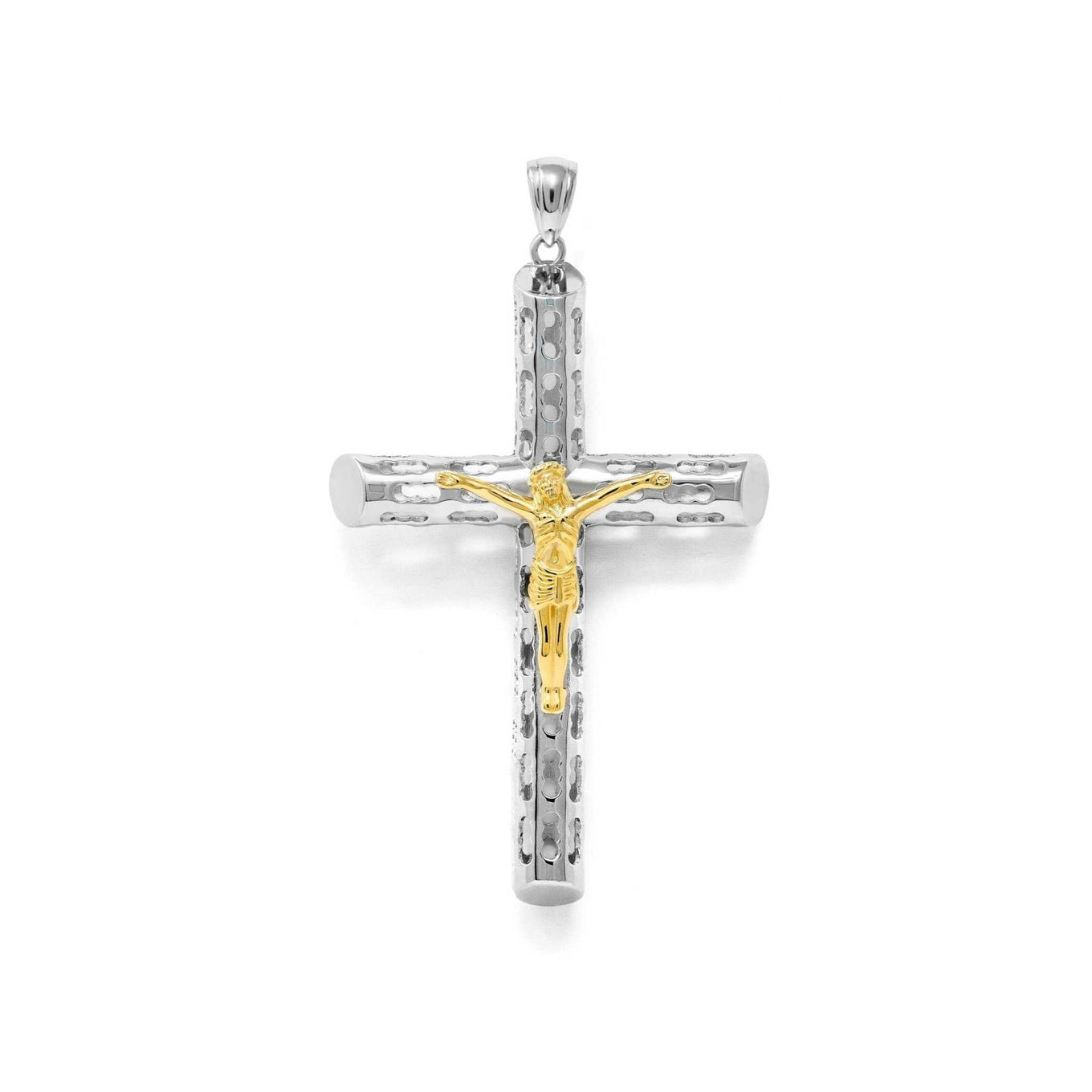 Two tone Jesus crucifix cross pendant in 925 sterling silver and 14K gold plating.