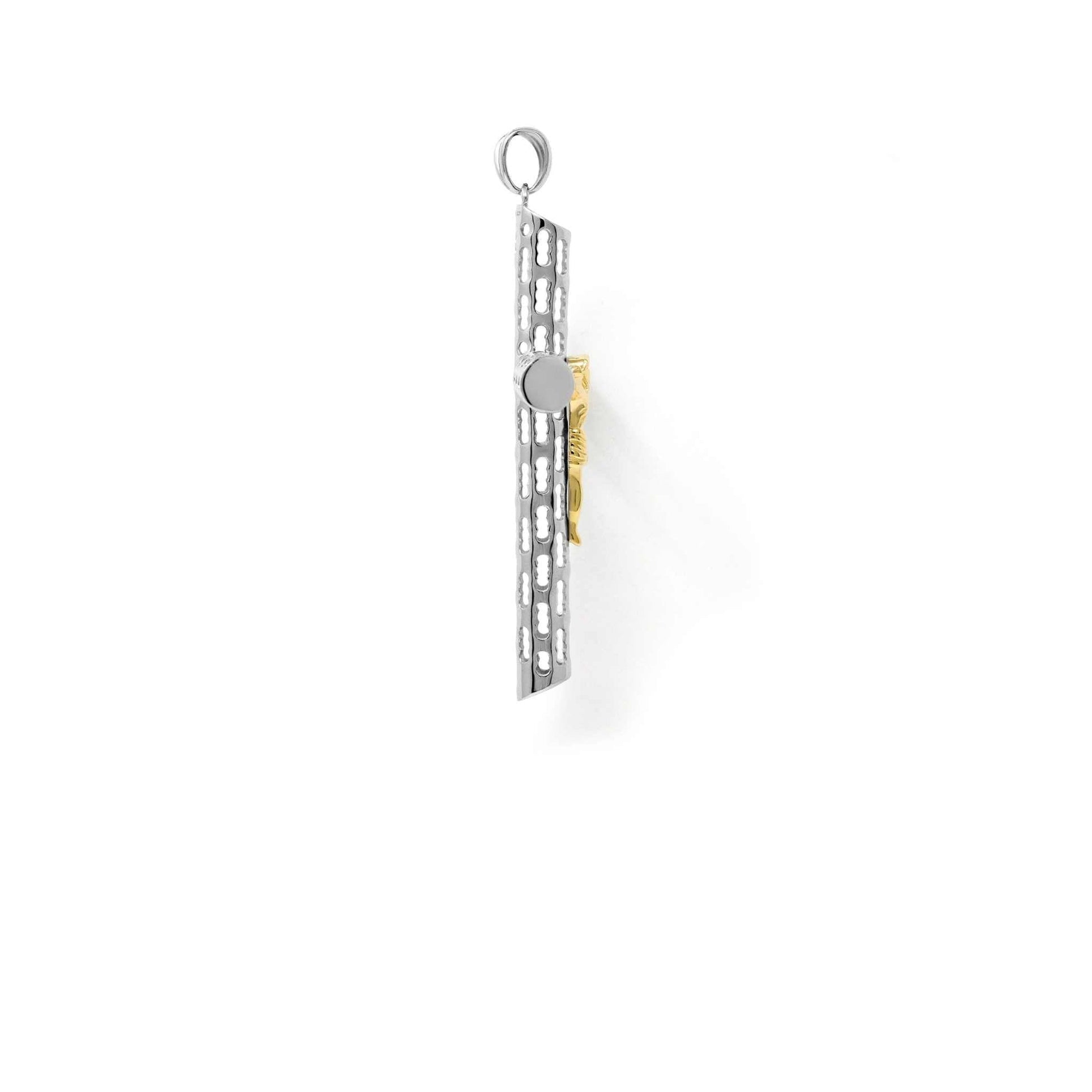 Two tone Jesus crucifix cross pendant in sterling silver and 14K gold plating.
