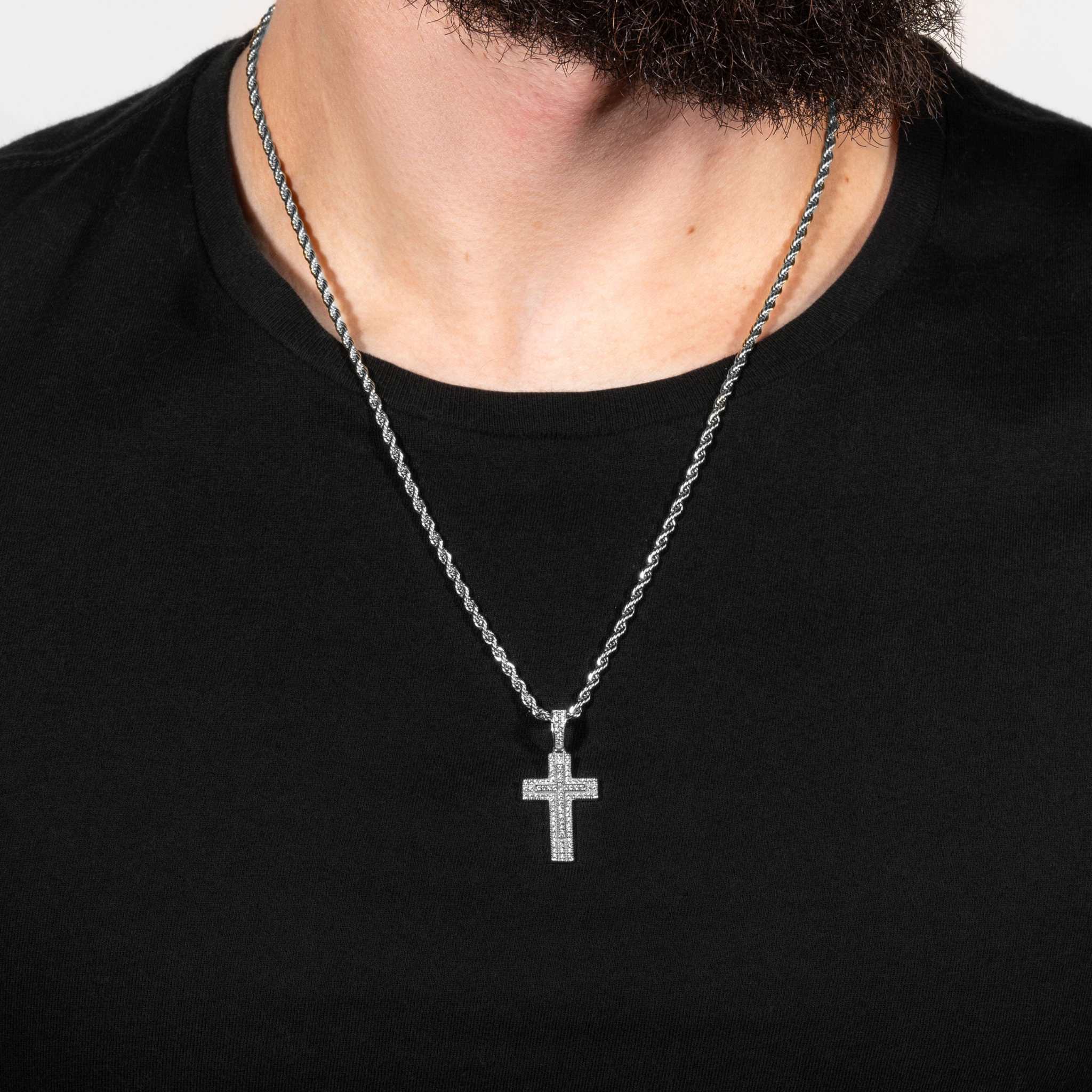 Real 925 Sterling Silver in Rhodium Finish Iced CZ Cross Crucifix Pendant Religious Small 1" Pendant Charm Gift for Him or Her