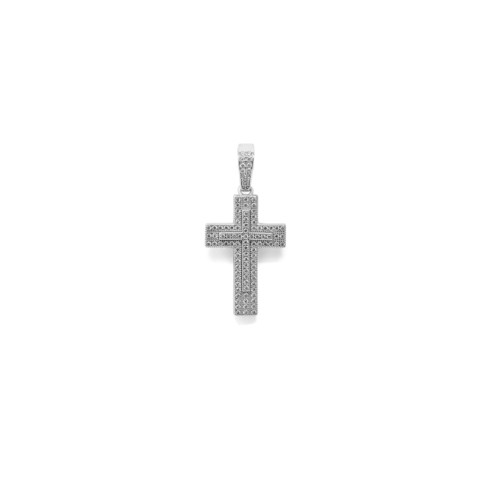 Rhodium finish iced CZ cross crucifix pendant, 1-inch religious charm, sterling silver.