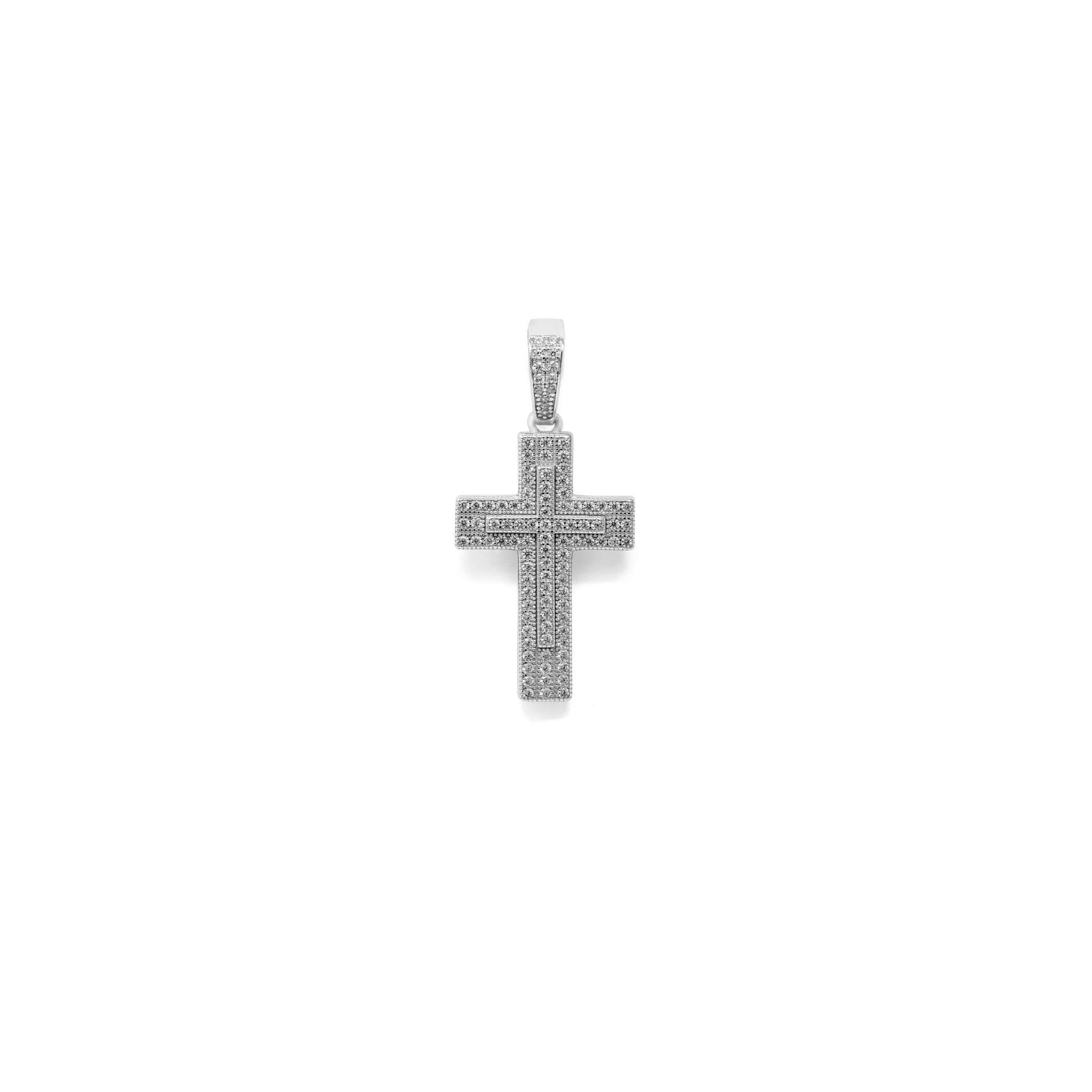 Rhodium finish iced CZ cross crucifix pendant, 1-inch religious charm, sterling silver.