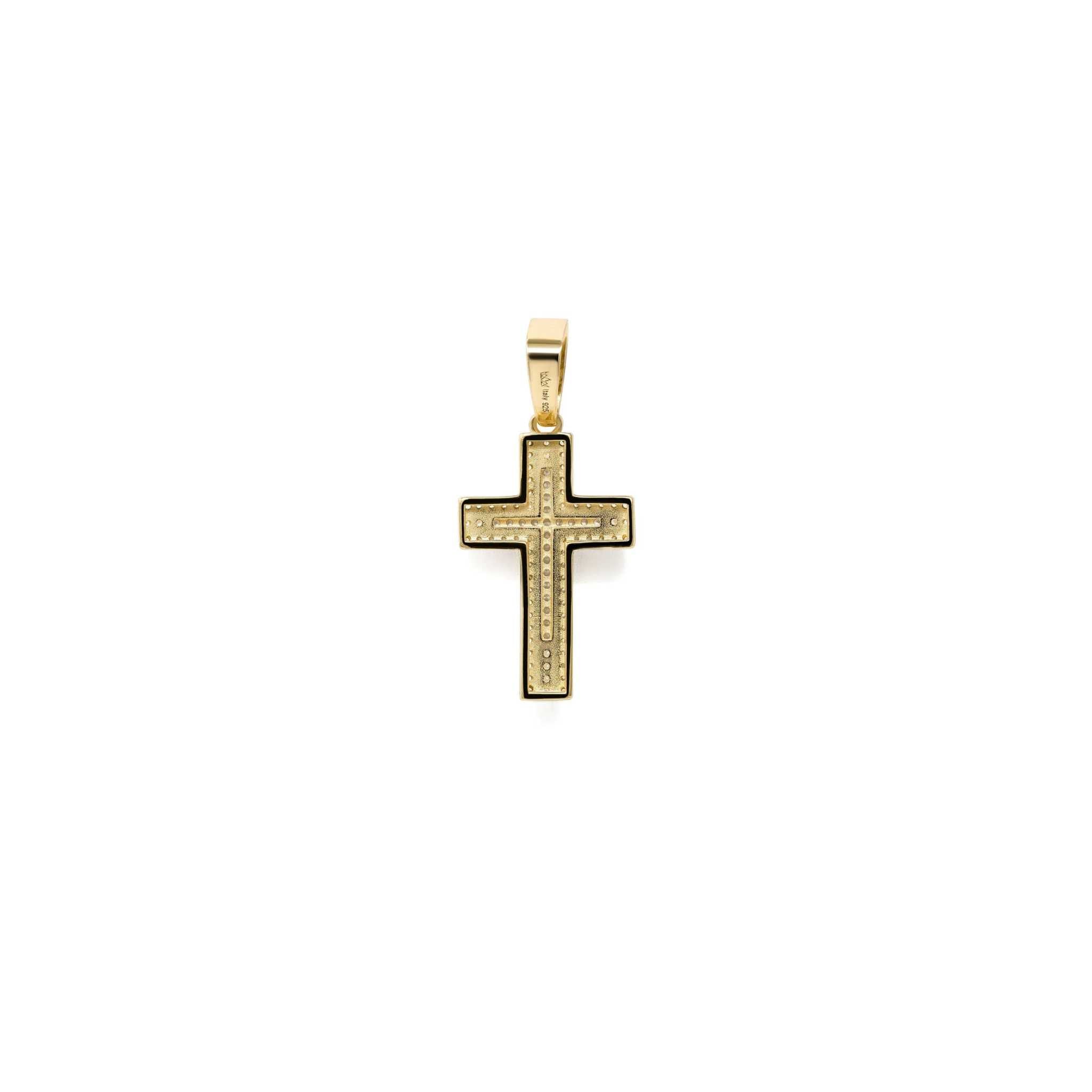 Real 925 Sterling Silver in 14K Gold Finish Iced CZ Cross Crucifix Pendant Religious Small 1" Pendant Charm Necklace Gift for Him or Her