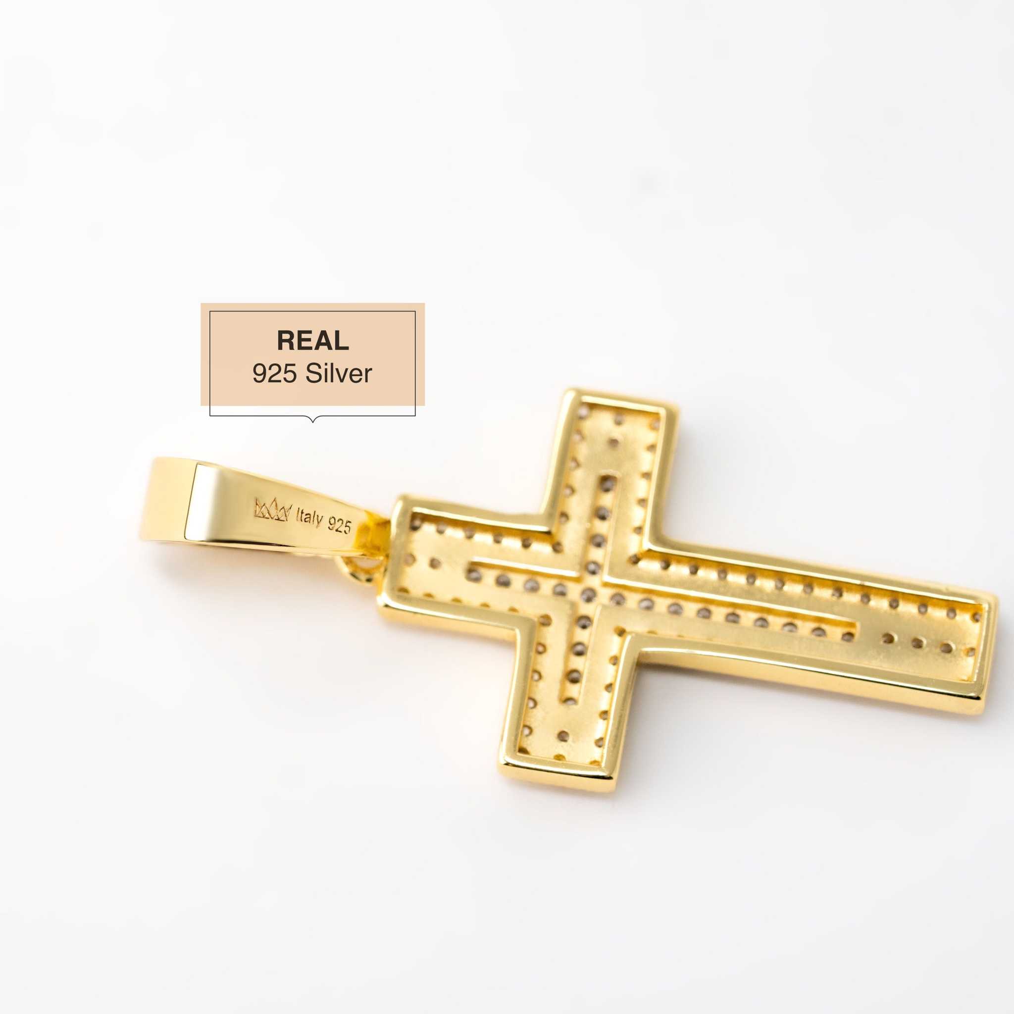 Real 925 Sterling Silver in 14K Gold Finish Iced CZ Cross Crucifix Pendant Religious Small 1" Pendant Charm Necklace Gift for Him or Her