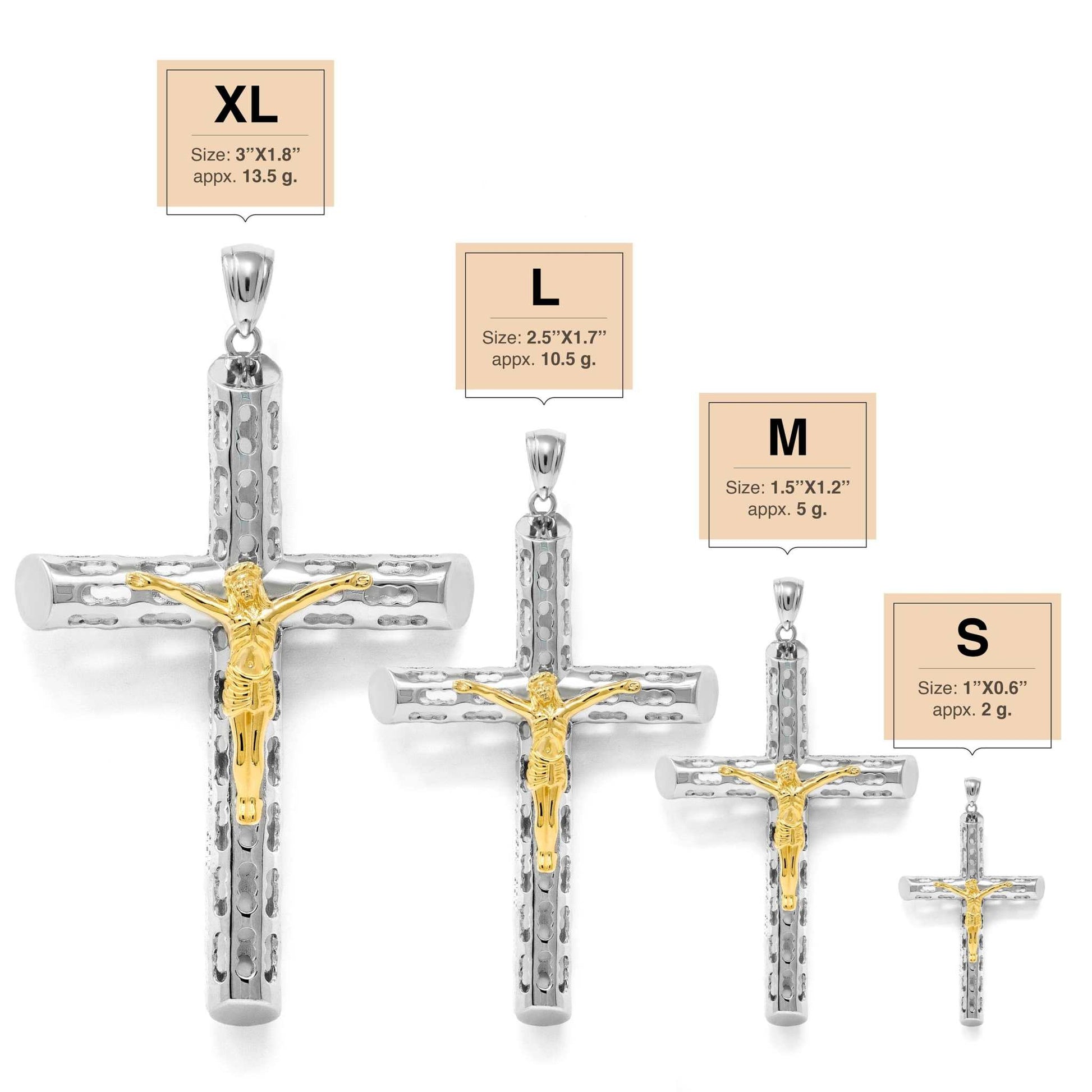Two Tone Jesus Crucifix Cross Pendant in sterling silver and 14K gold, available in various sizes.