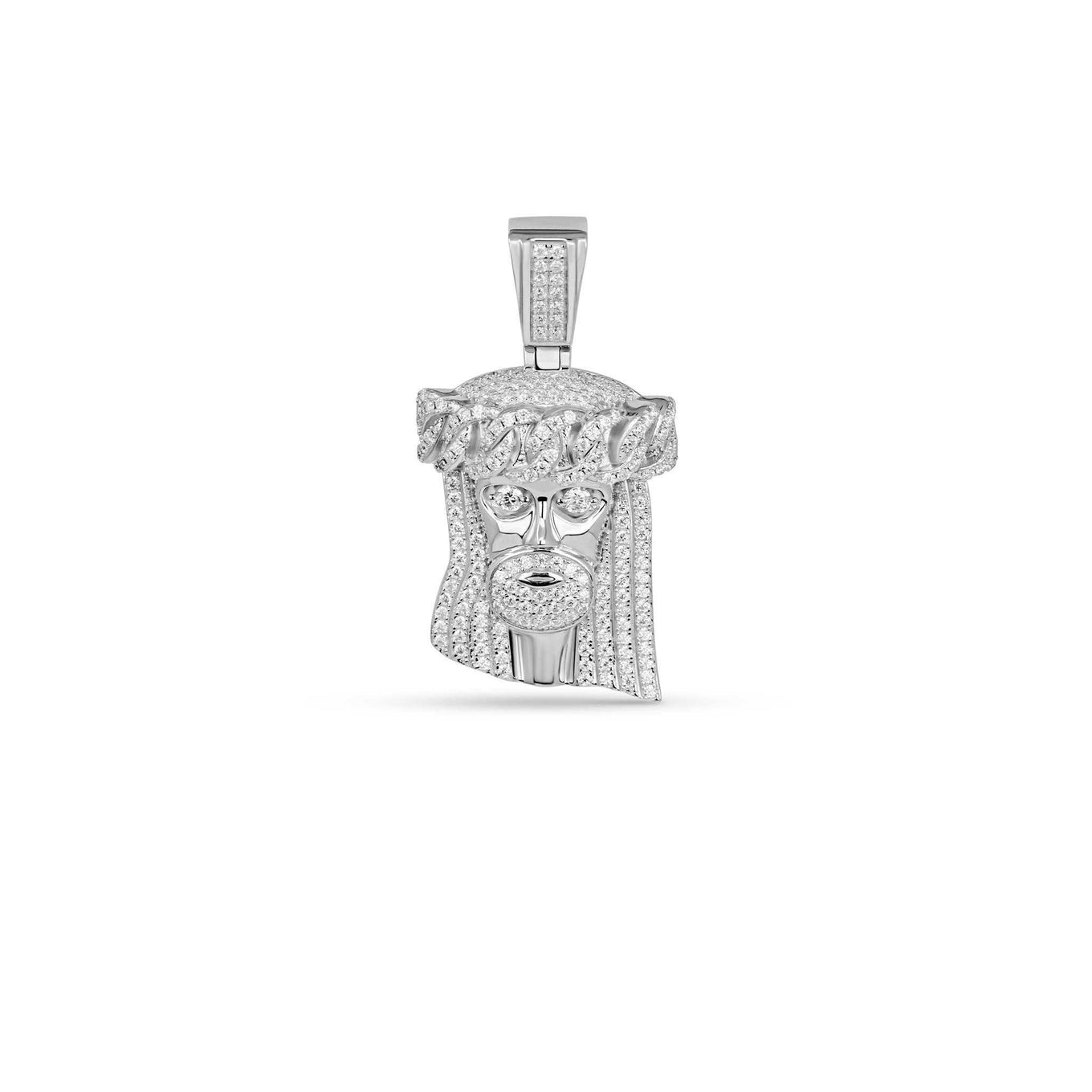 Moissanite Jesus Head Piece Pendant in sterling silver with VVS1 clarity stones.