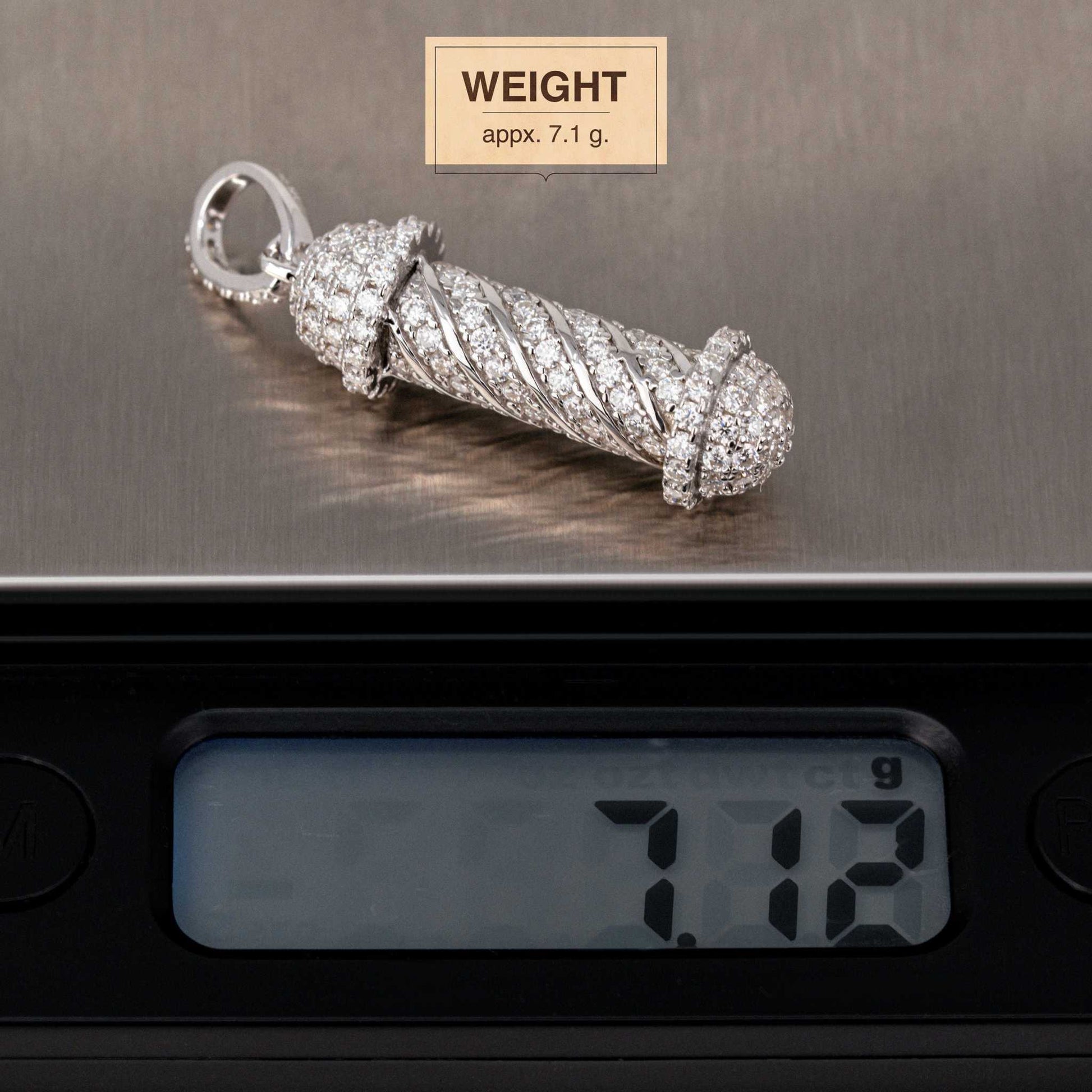 Barber Pole Iced Moissanite Pendant in sterling silver, weighing approximately 7.1 grams.