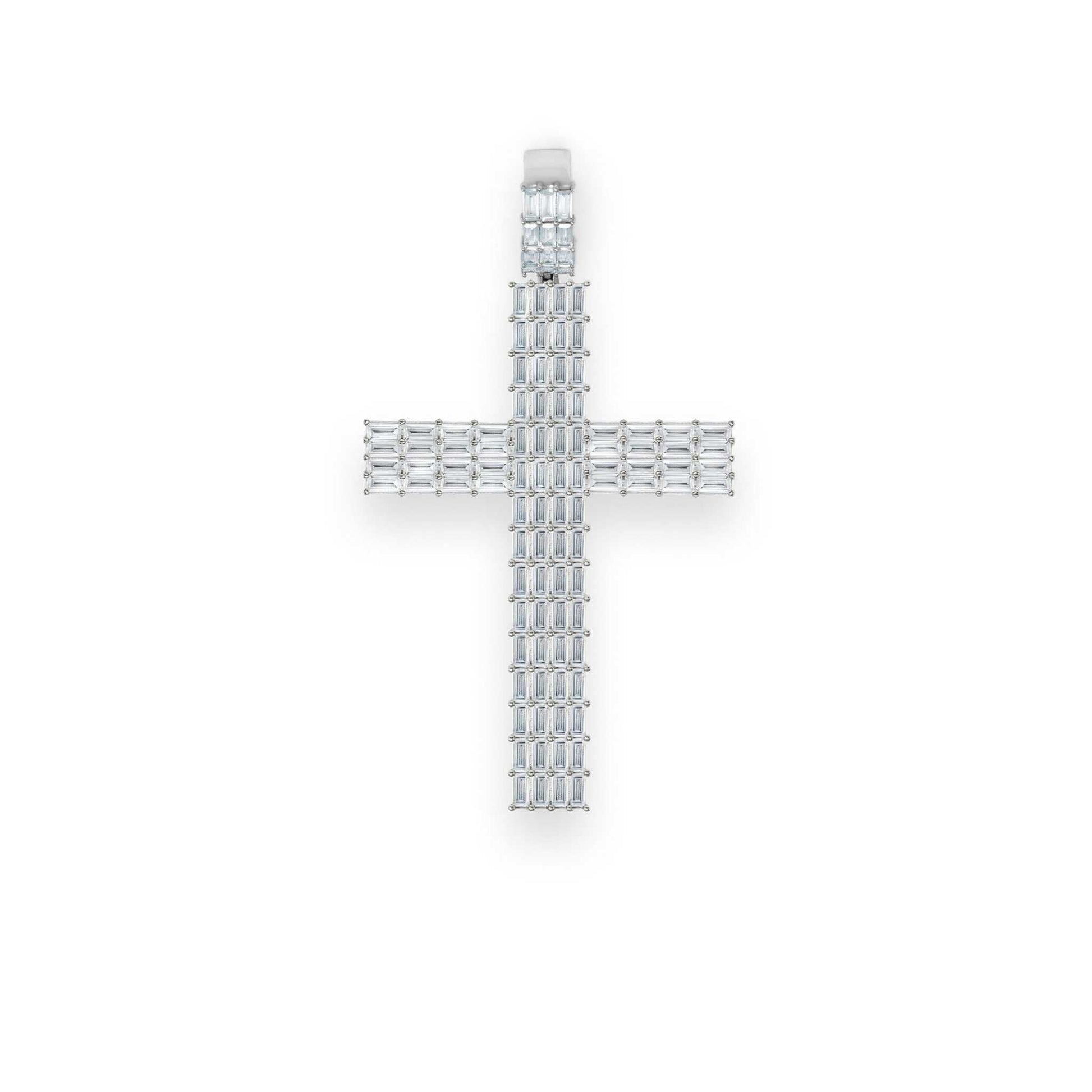 Baguette Silver Cross Pendant with CZ stones on solid 925 sterling silver, no chain included.