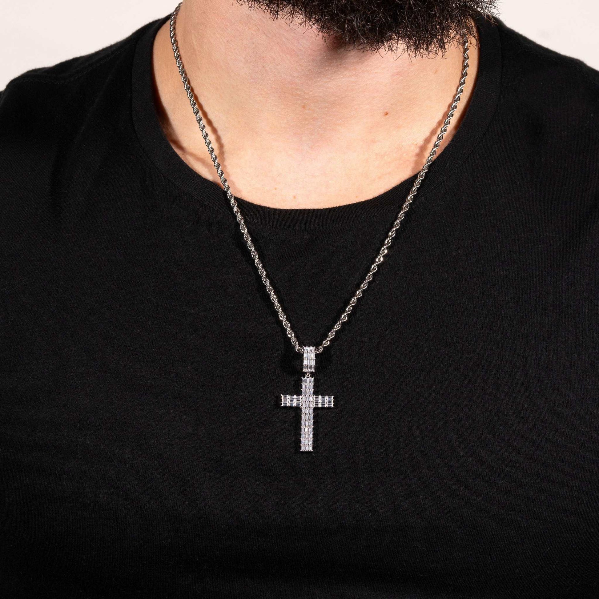 Baguette Silver Cross Pendant with CZ stones.