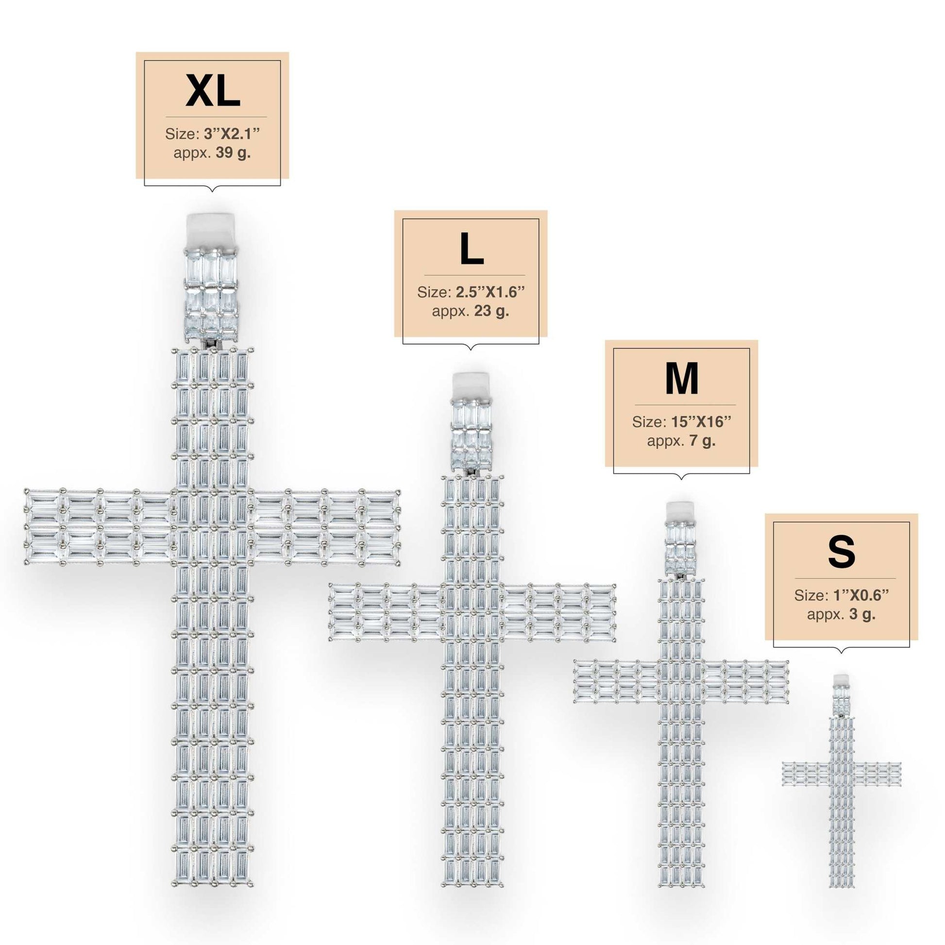 Baguette Silver Cross Pendant in various sizes with CZ stones, 925 Sterling Silver.