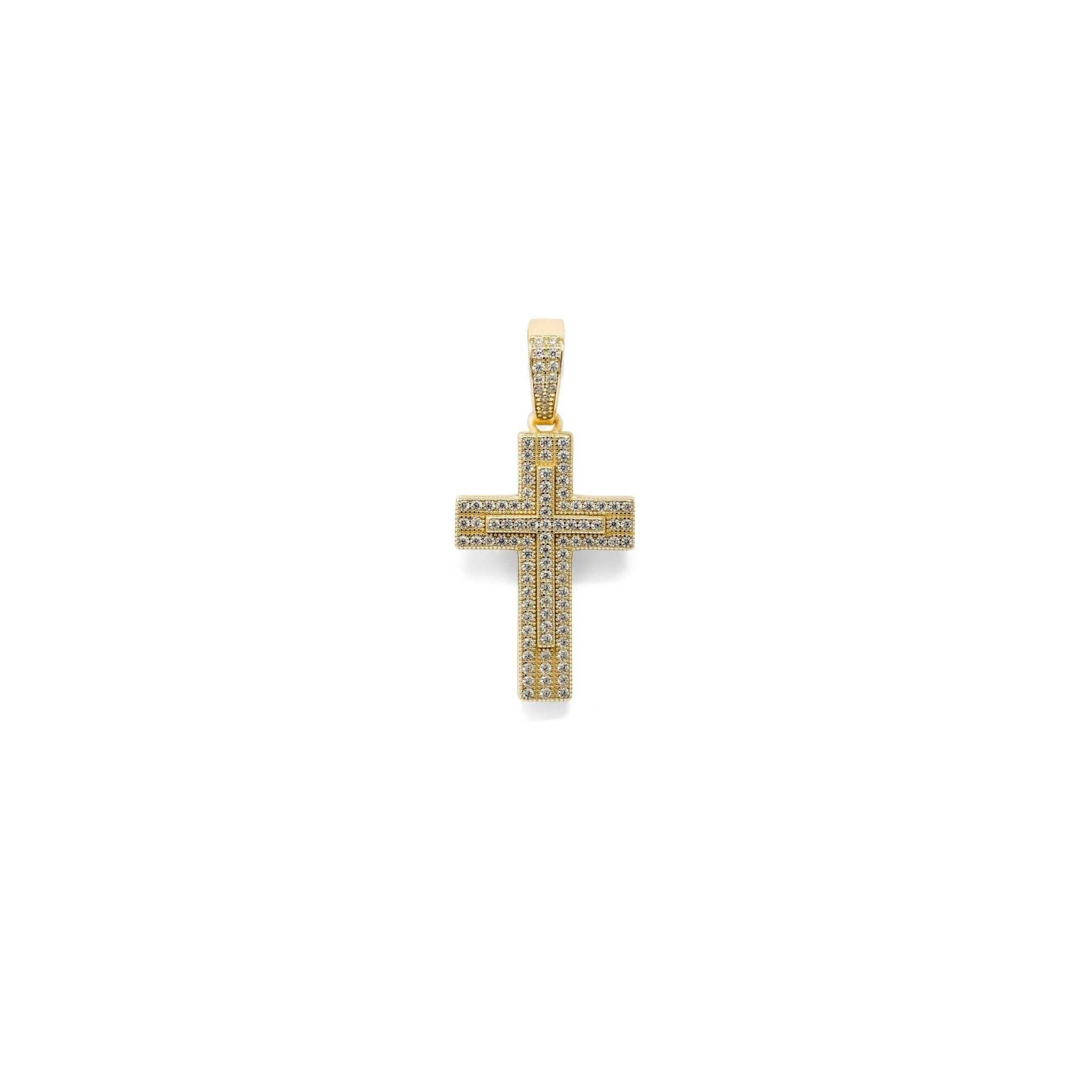 14K gold finish iced CZ cross crucifix pendant with sterling silver.