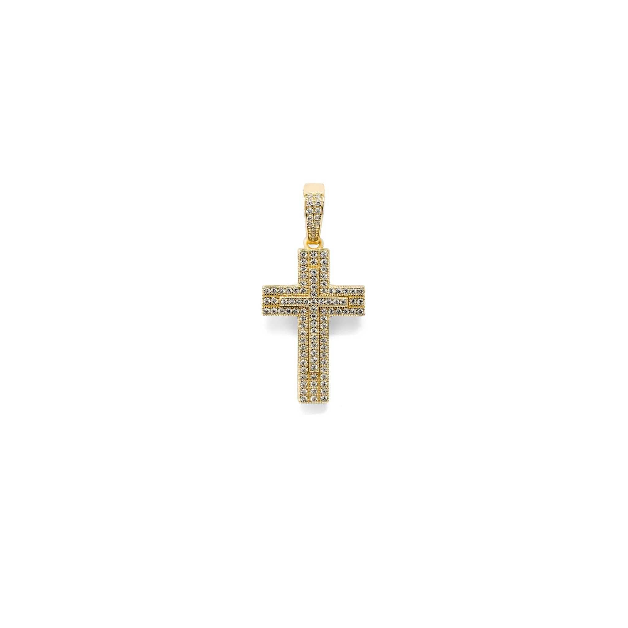 14K gold finish iced CZ cross crucifix pendant with sterling silver.