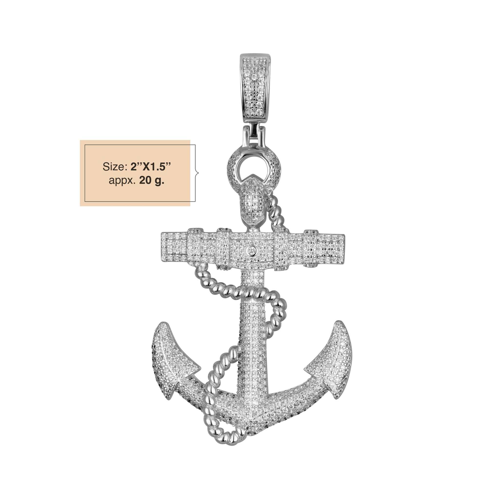 Mens solid 925 sterling silver anchor pendant with iced CZ round stones, hip hop jewelry piece.