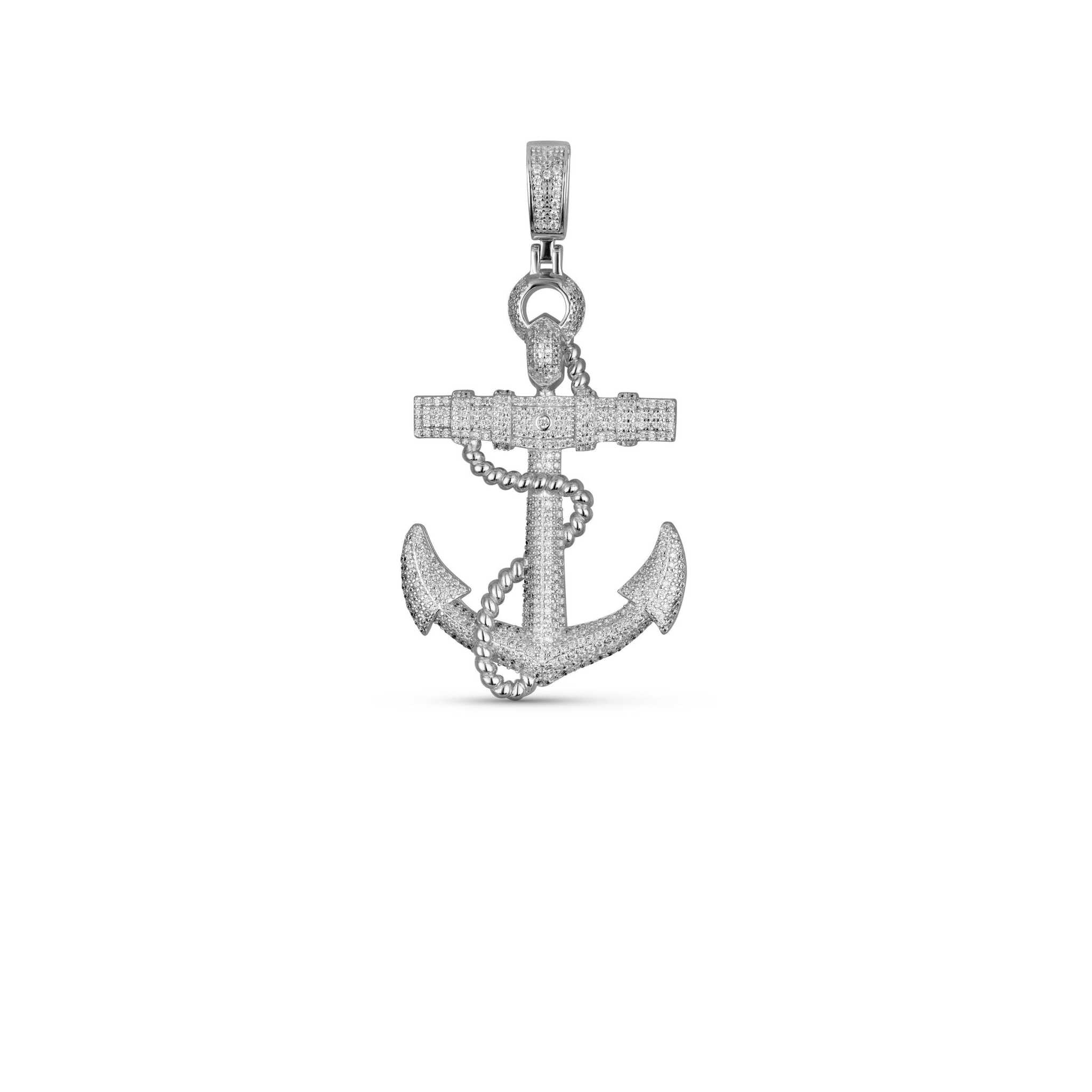 Mens solid 925 sterling silver anchor pendant with CZ stones, hip hop jewelry.