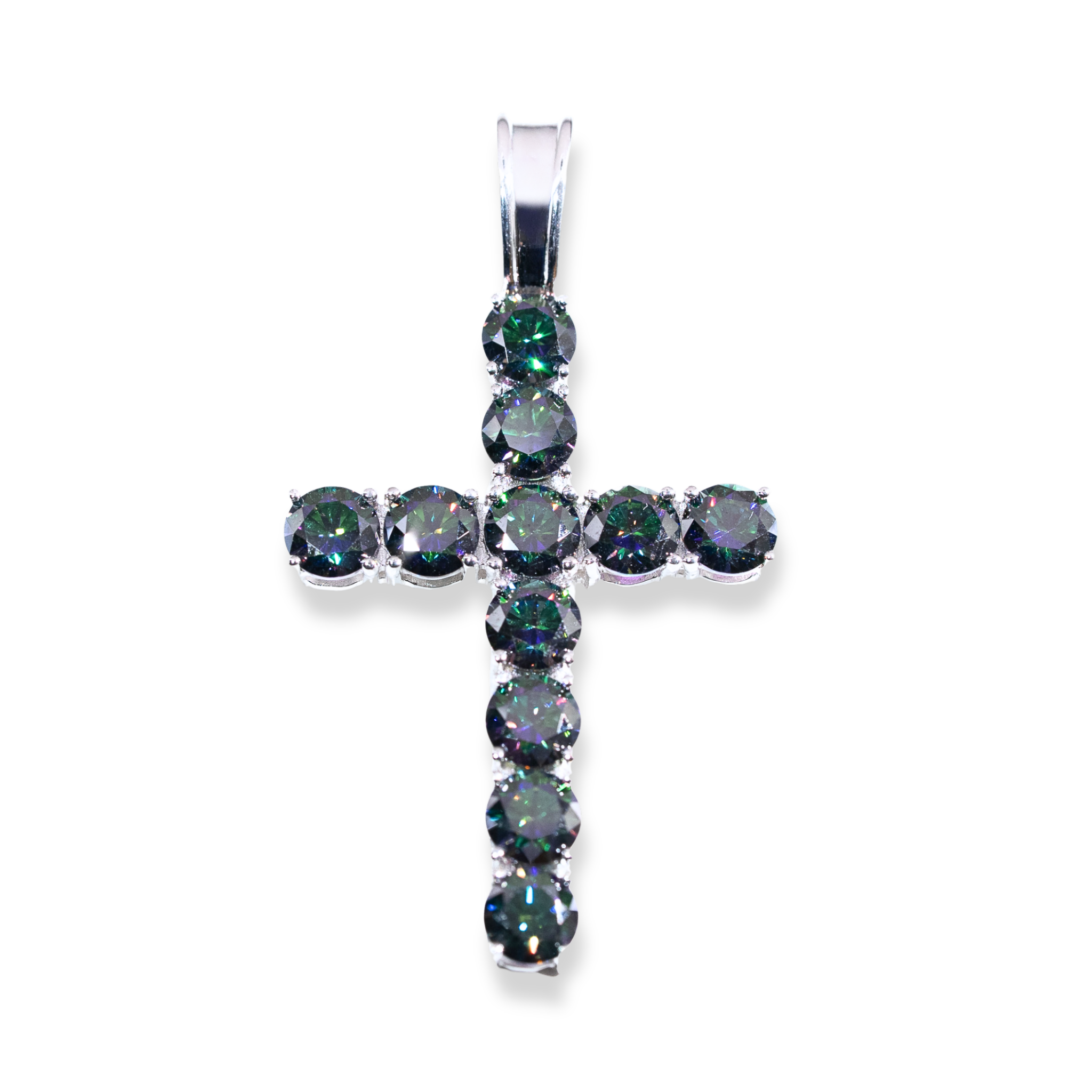 Moissanite Tennis Cross Pendant Mystic Green in 925 Sterling Silver