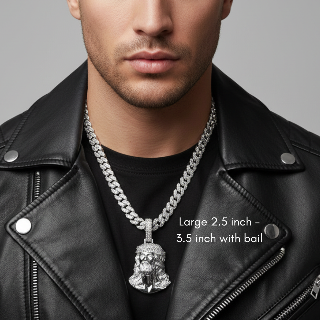 Moissanite Jesus Piece Pendant | Solid 925 Sterling Silver Glossy Finish - Large Size