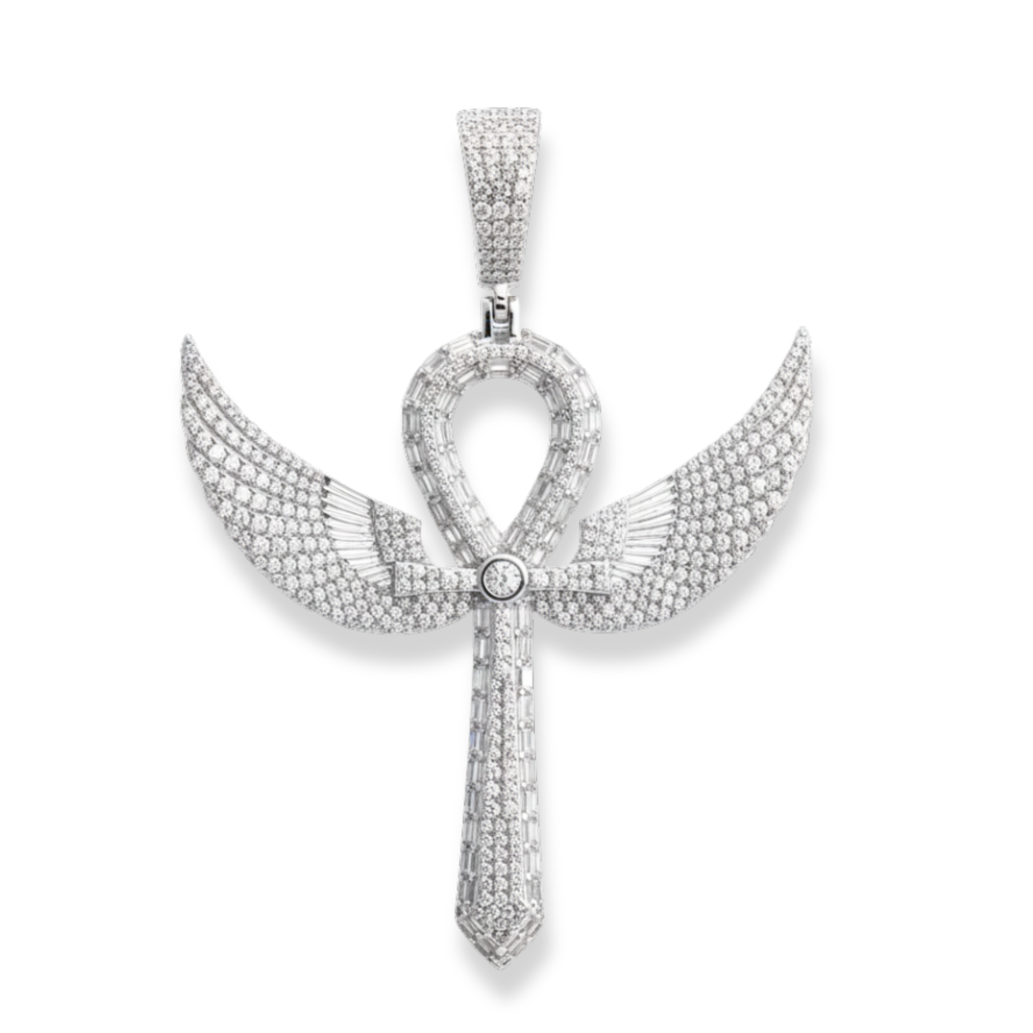 Moissanite Large 3" Ankh Cross w/ Angel Wings 925 Sterling Silver