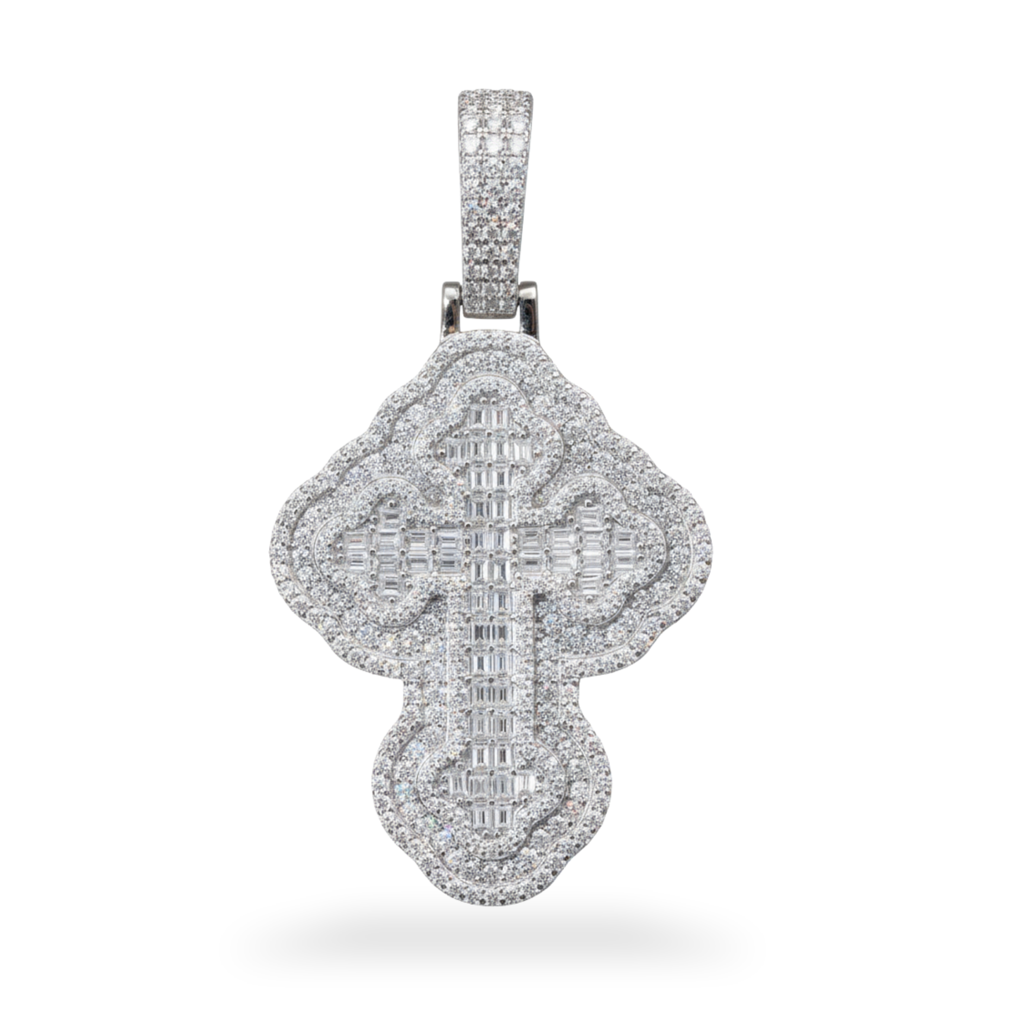 Moissanite Iced Round Baugette Cross Pendant 925 Sterling Silver - 3 sizes