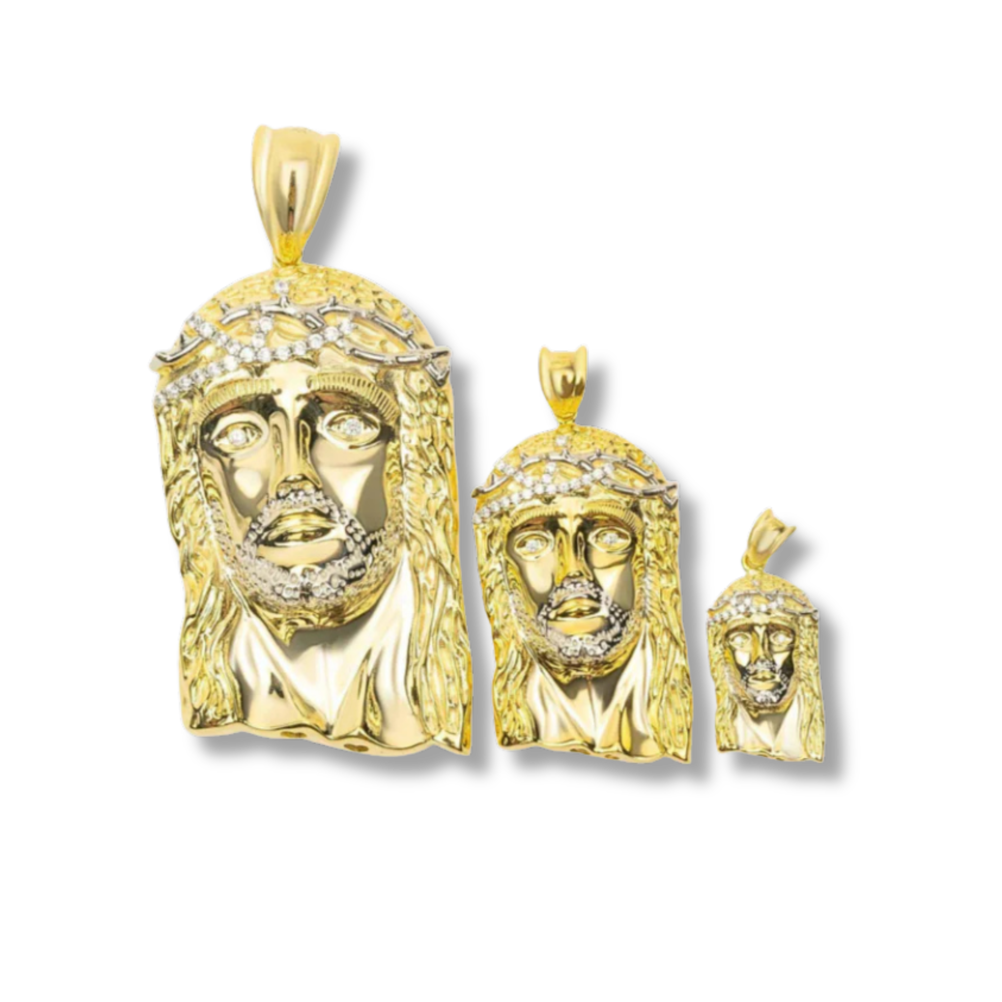 Set of three gold Jesus piece pendants in small, medium, and large sizes with 14K gold plating on solid 925 sterling silver and CZ stones